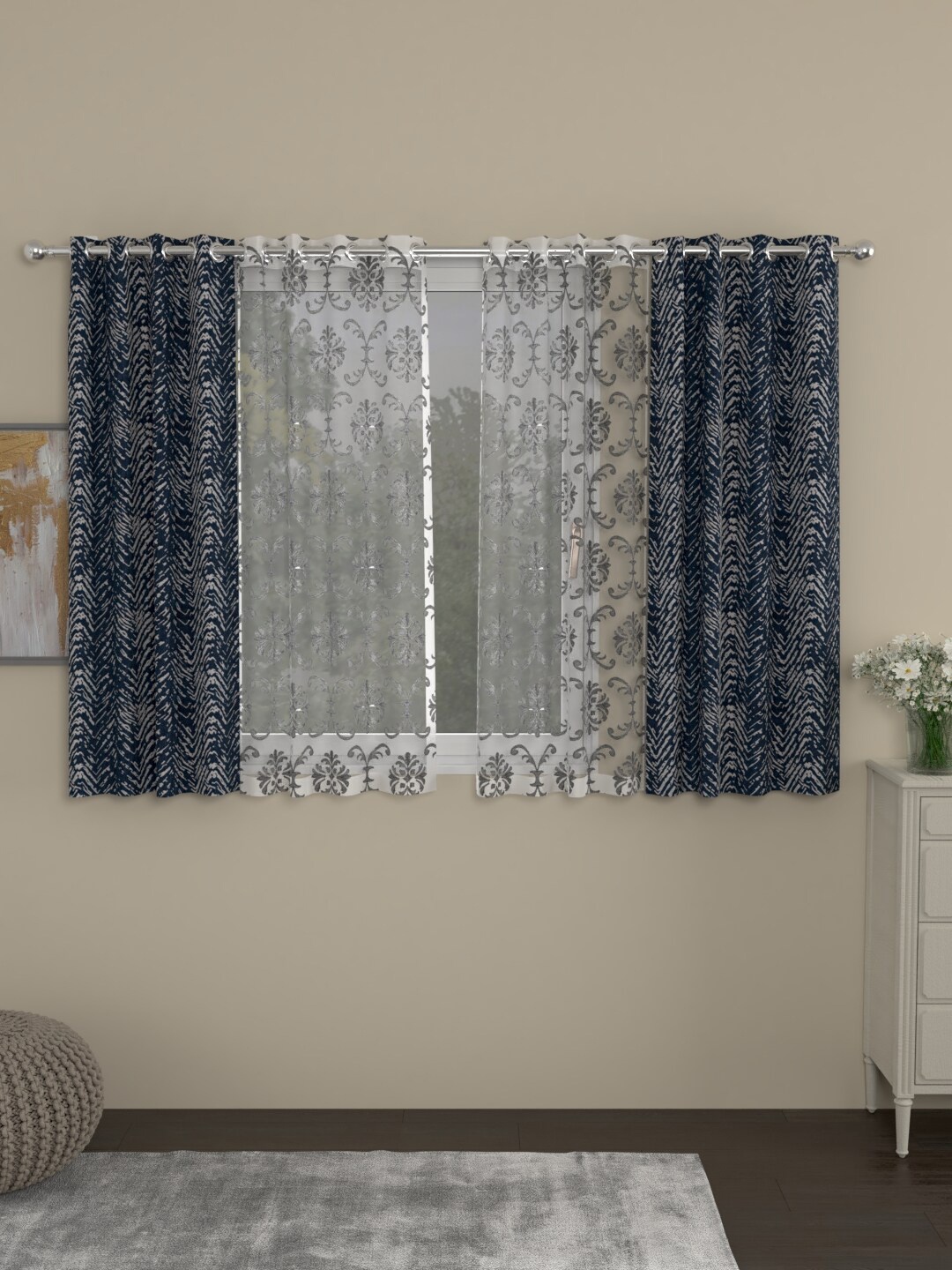 

ROSARA HOME Navy Blue & Transparent Set of 4 Ethnic Motifs Window Curtain