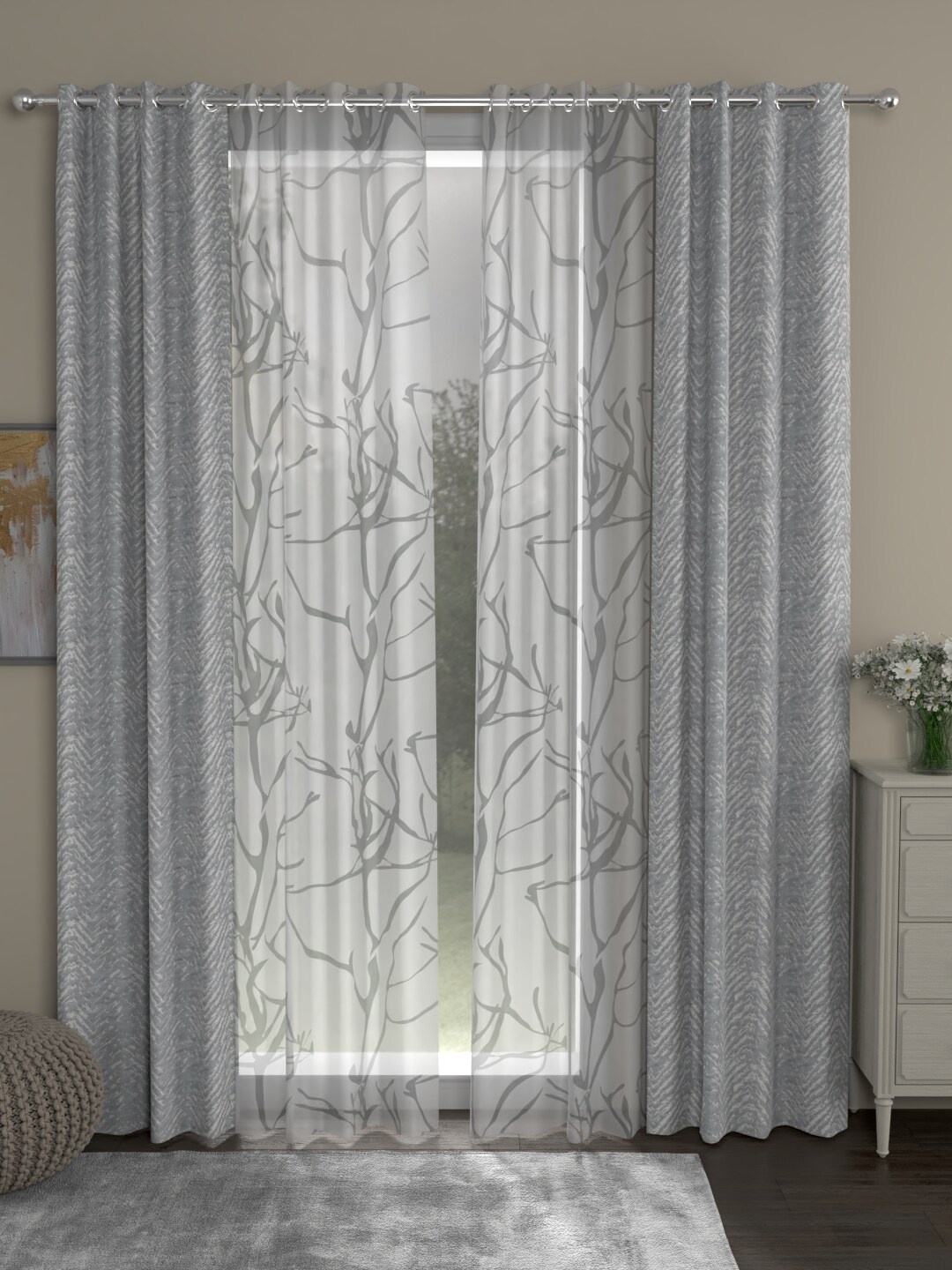 

ROSARA HOME Grey & White Set of 4 Long Door Curtain