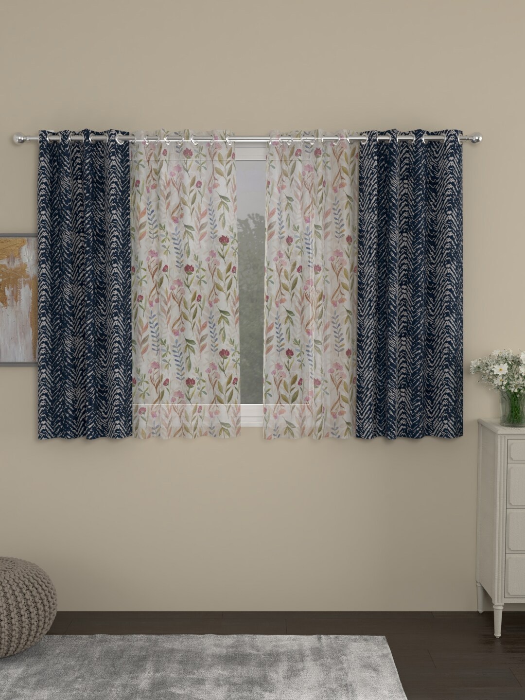 

ROSARA HOME Navy Blue & White Set of 4 Floral Window Curtain