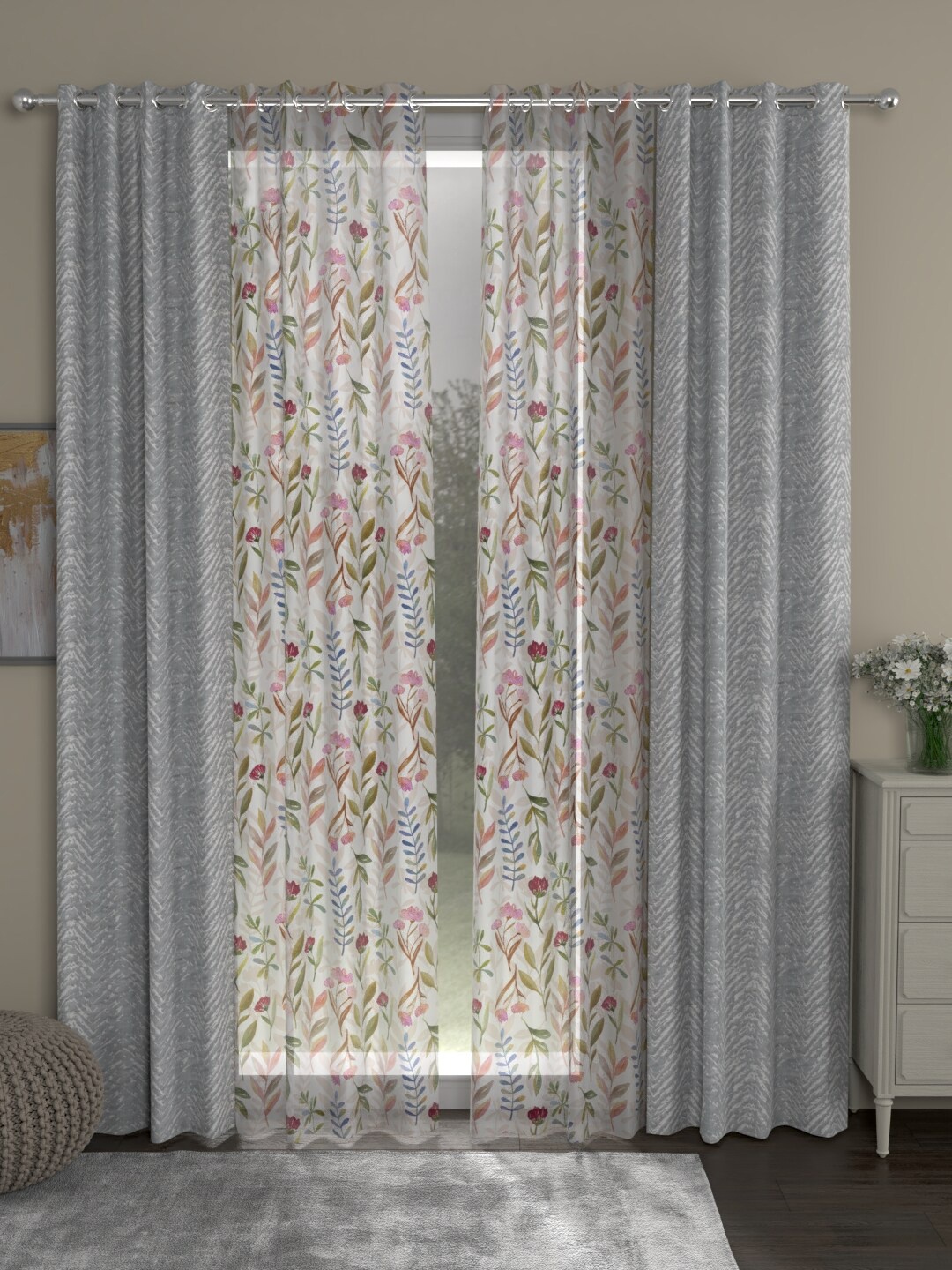 ROSARA HOME Set of 4 Grey & White Floral Long Door Curtain