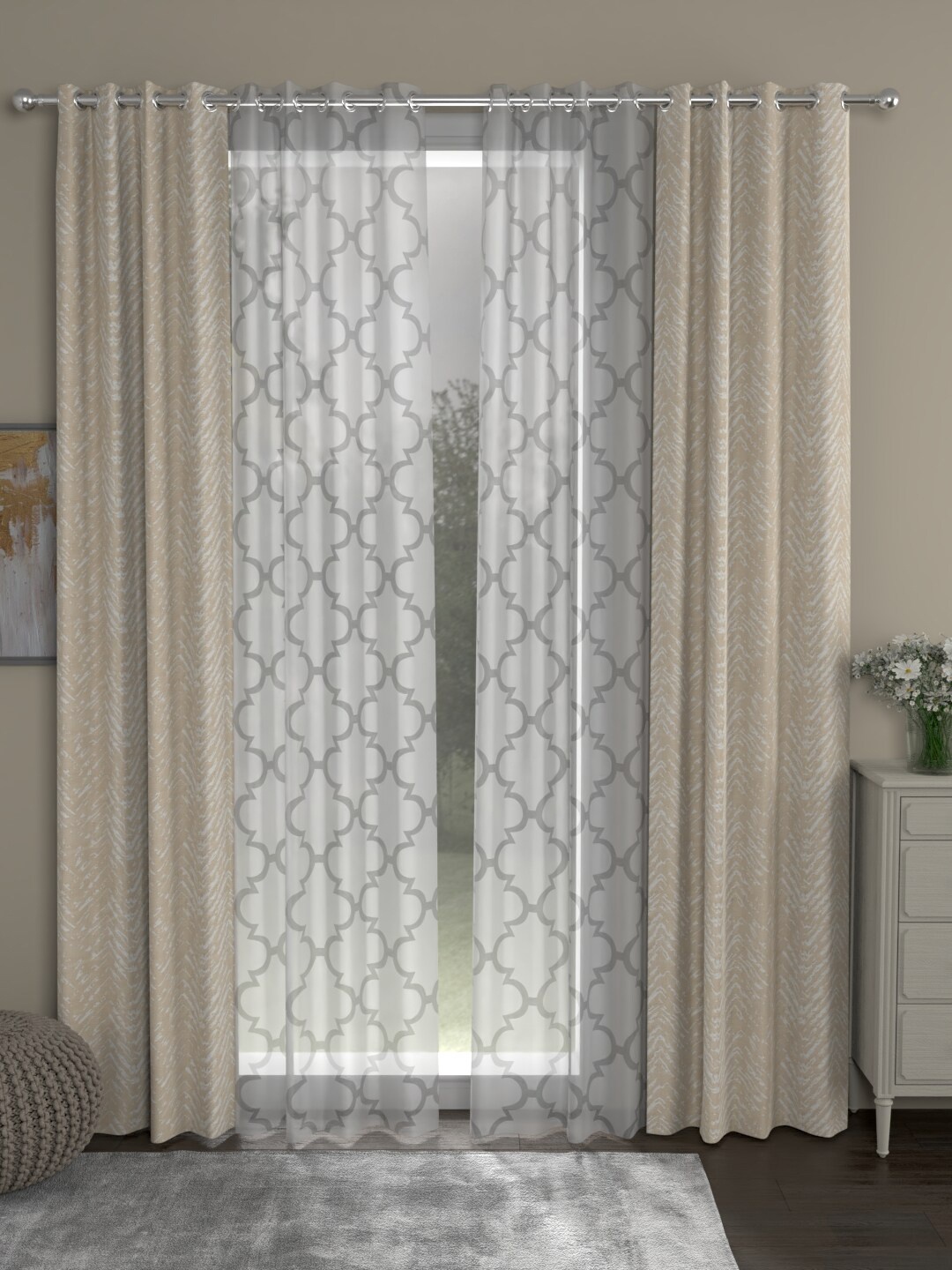 

ROSARA HOME Set of 4 Beige & White Geometric Long Door Curtain