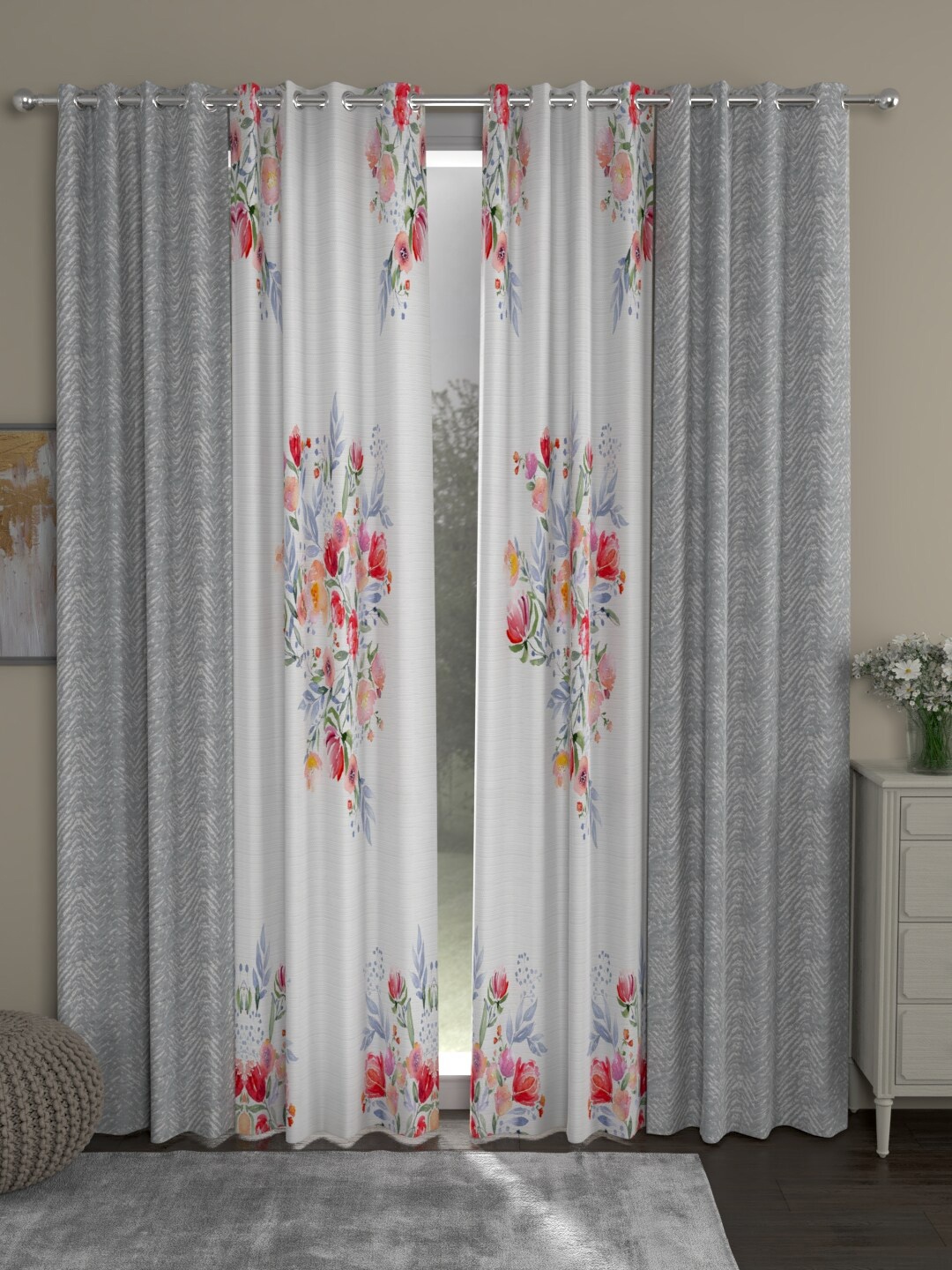 

ROSARA HOME Set of 4 Grey & Fuchsia Floral Long Door Curtain