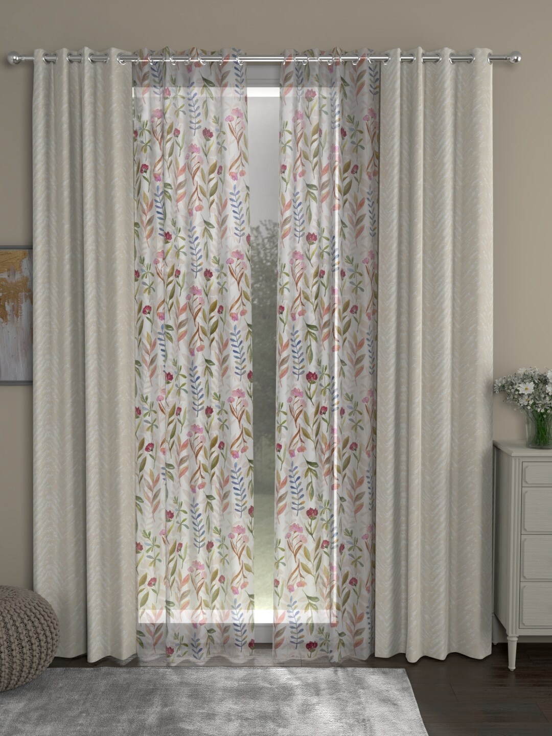 

ROSARA HOME Set of 4 Cream-Coloured & White Floral Door Curtain