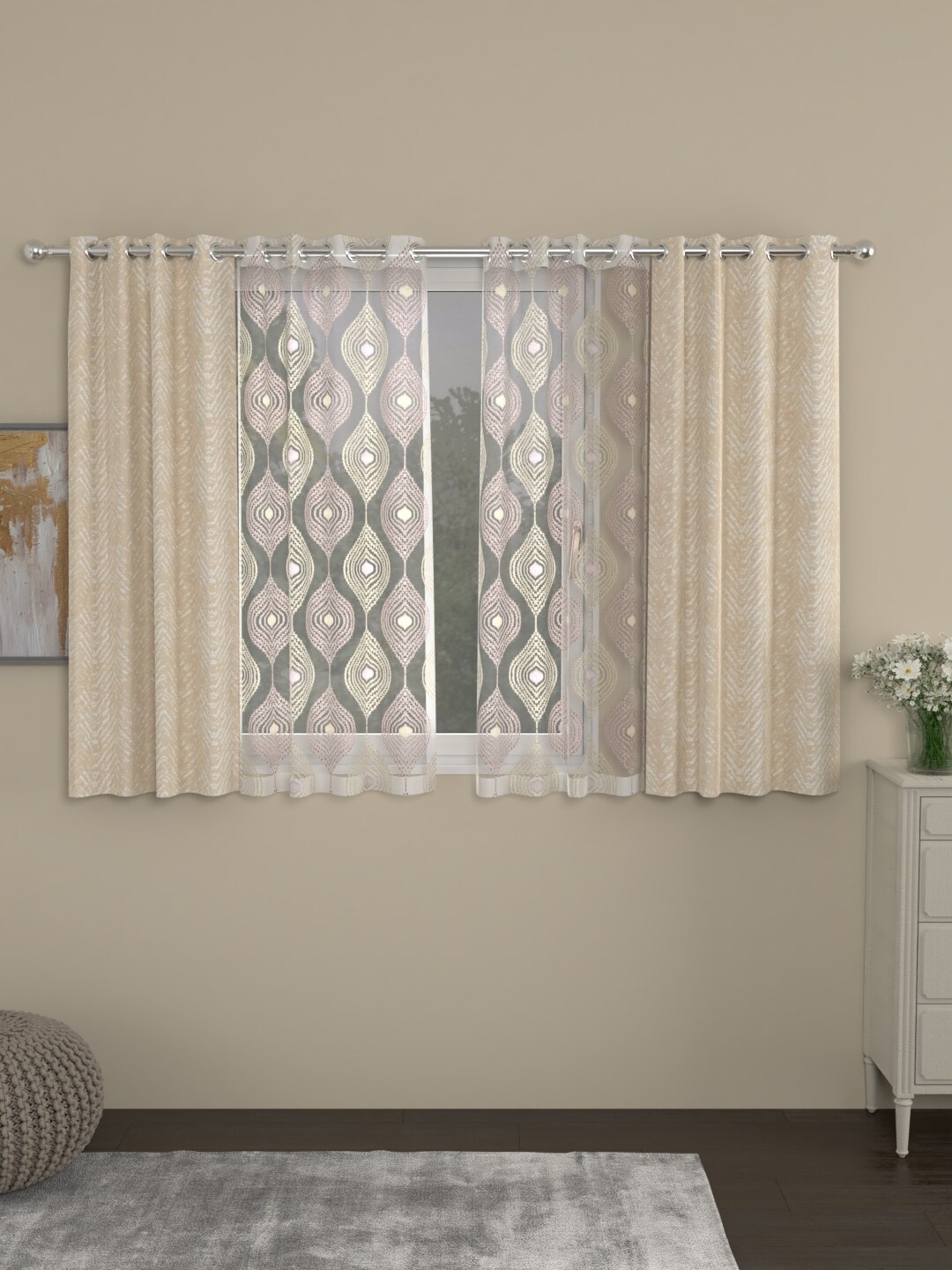 

ROSARA HOME Pack Of 4 Beige Printed & Embroidered Window Curtains