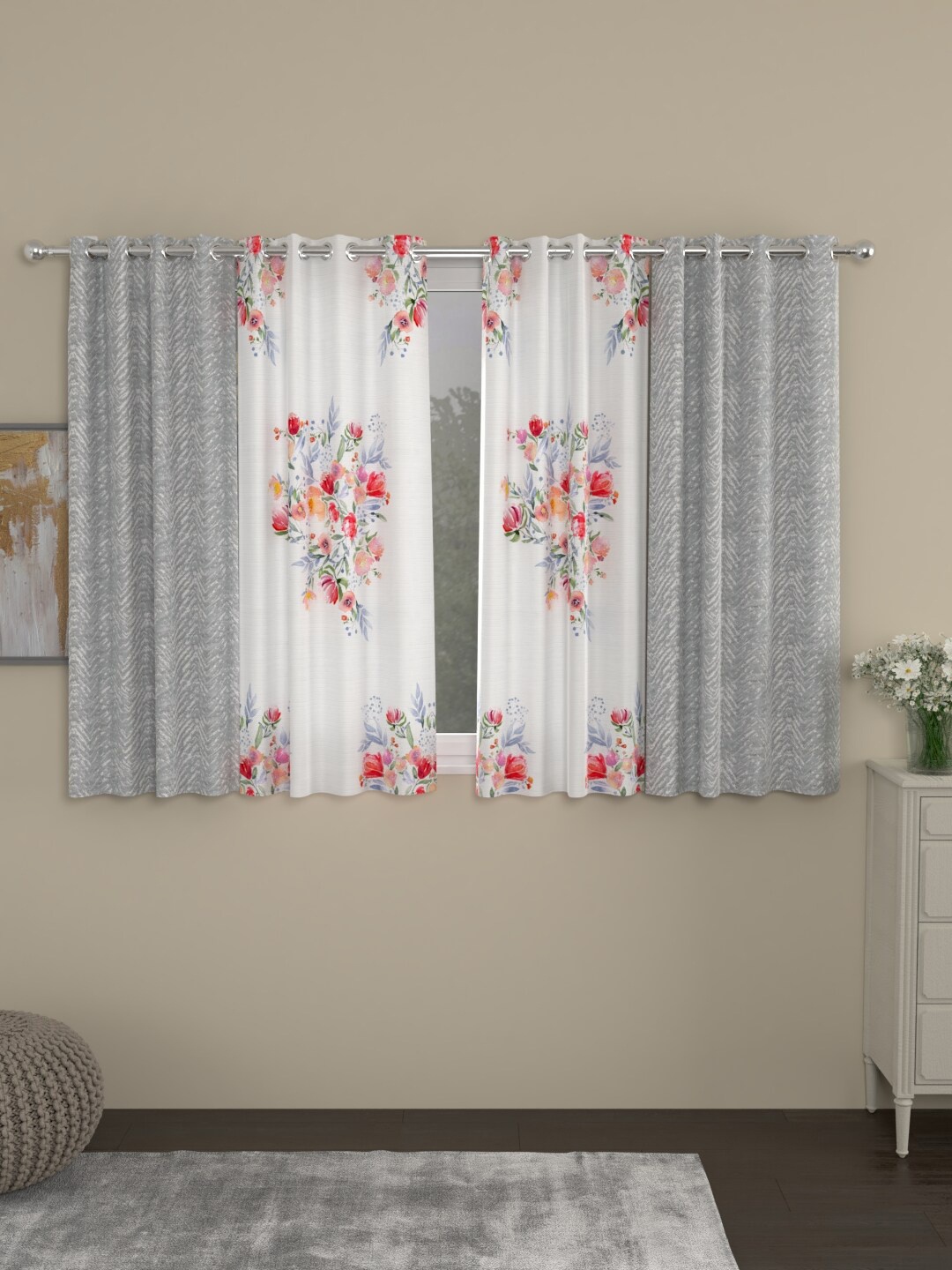 

ROSARA HOME Pack of 4 Grey & White Floral Window Curtains