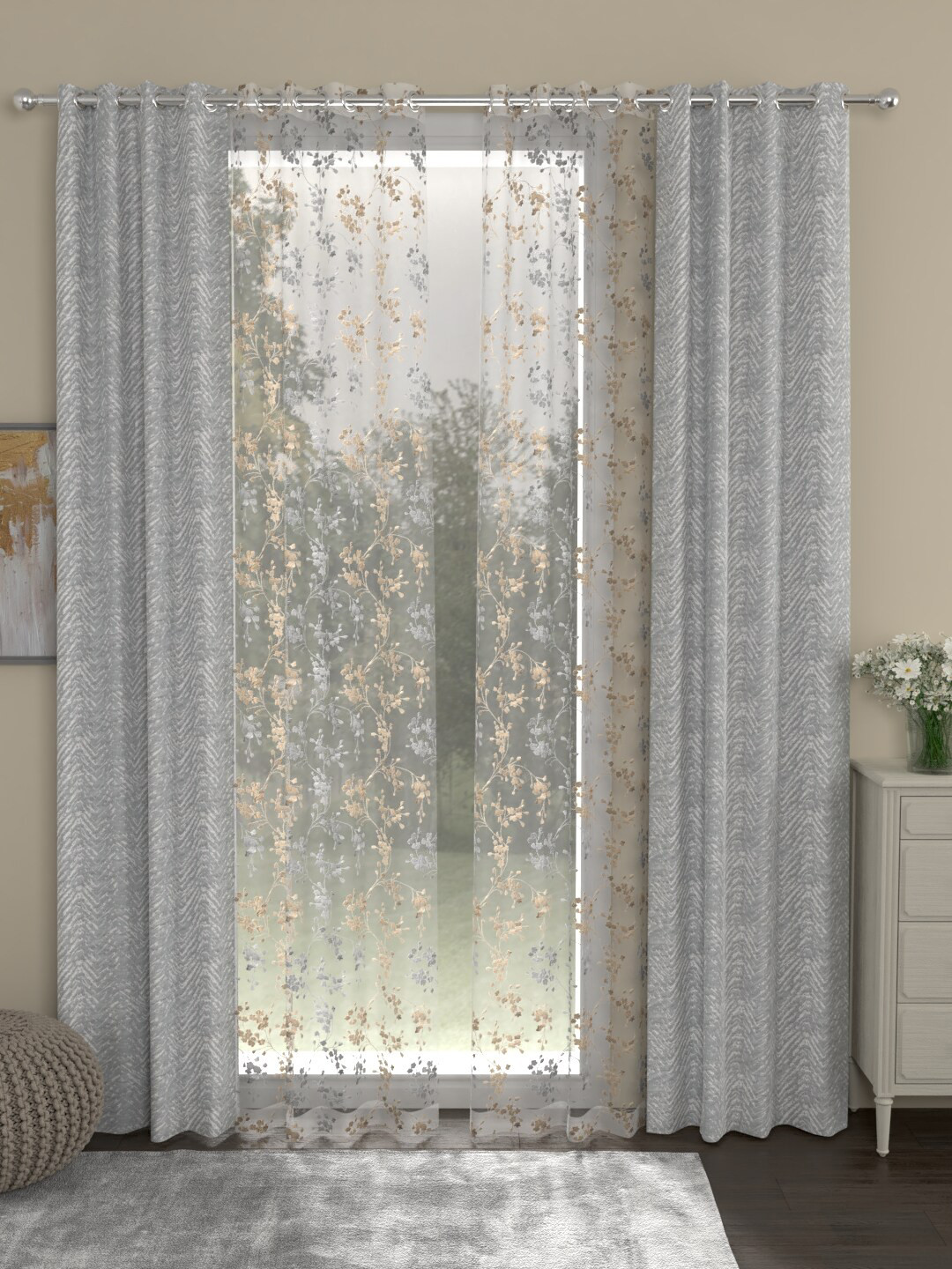 

ROSARA HOME Grey & Transparent Set of 4 Embroidered Long Door Curtain