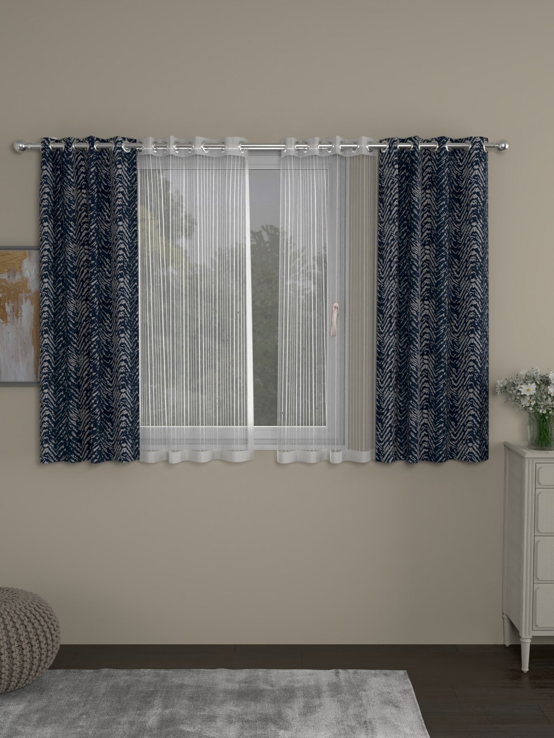 

ROSARA HOME Navy Blue & White Set of 4 Printed Window Curtain