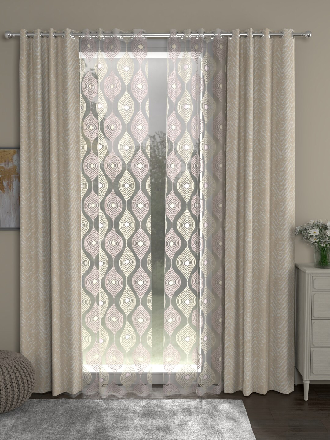 

ROSARA HOME Beige & Pink Set of 4 Jacquard & Embroidered Sheer & Regular Door Curtains