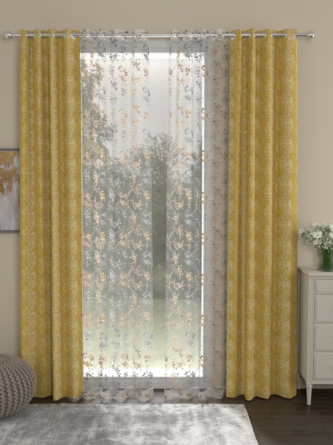 

ROSARA HOME Set of 4 Mustard & White Floral Door Curtain