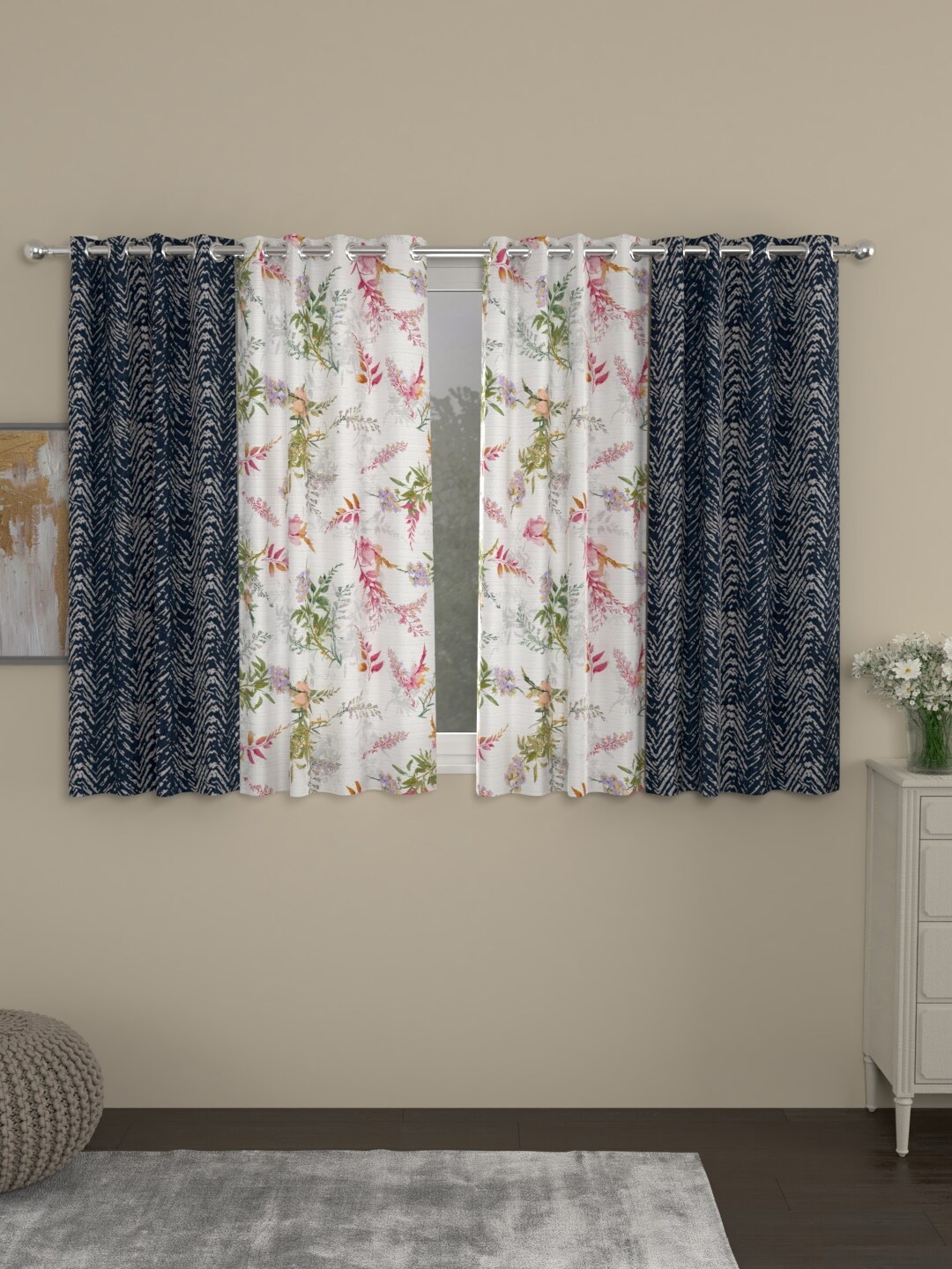 

ROSARA HOME Pack Of 4 Navy Blue & Blue Printed Window Curtains