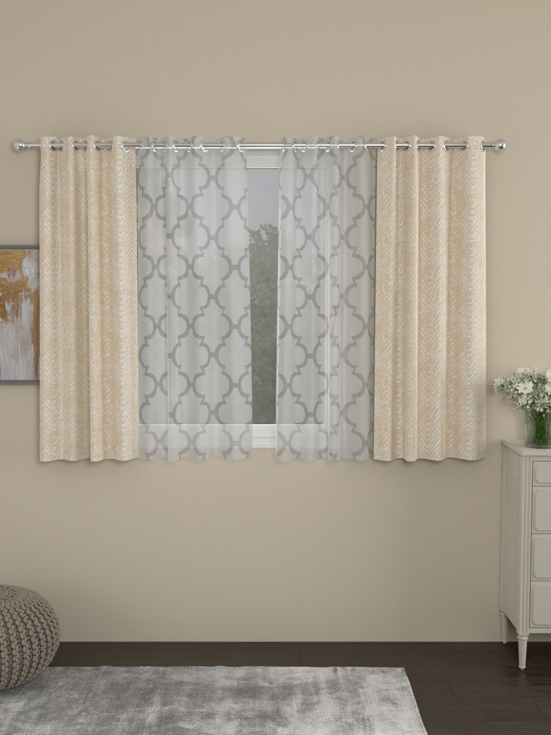 

ROSARA HOME Beige & White Set of 4 Geometric Window Curtain