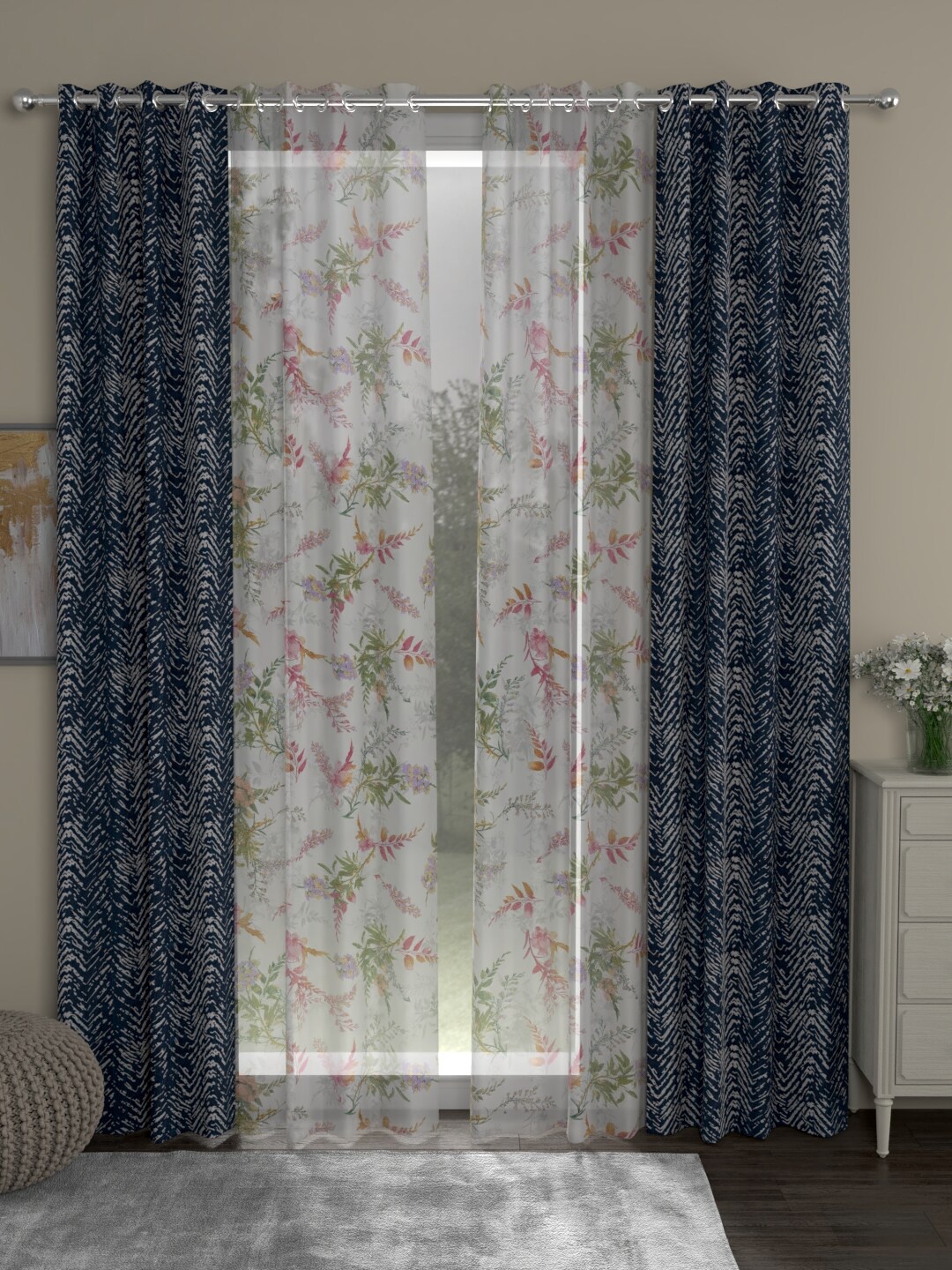 ROSARA HOME Set Of 4 Navy Blue & White Printed Door Curtain
