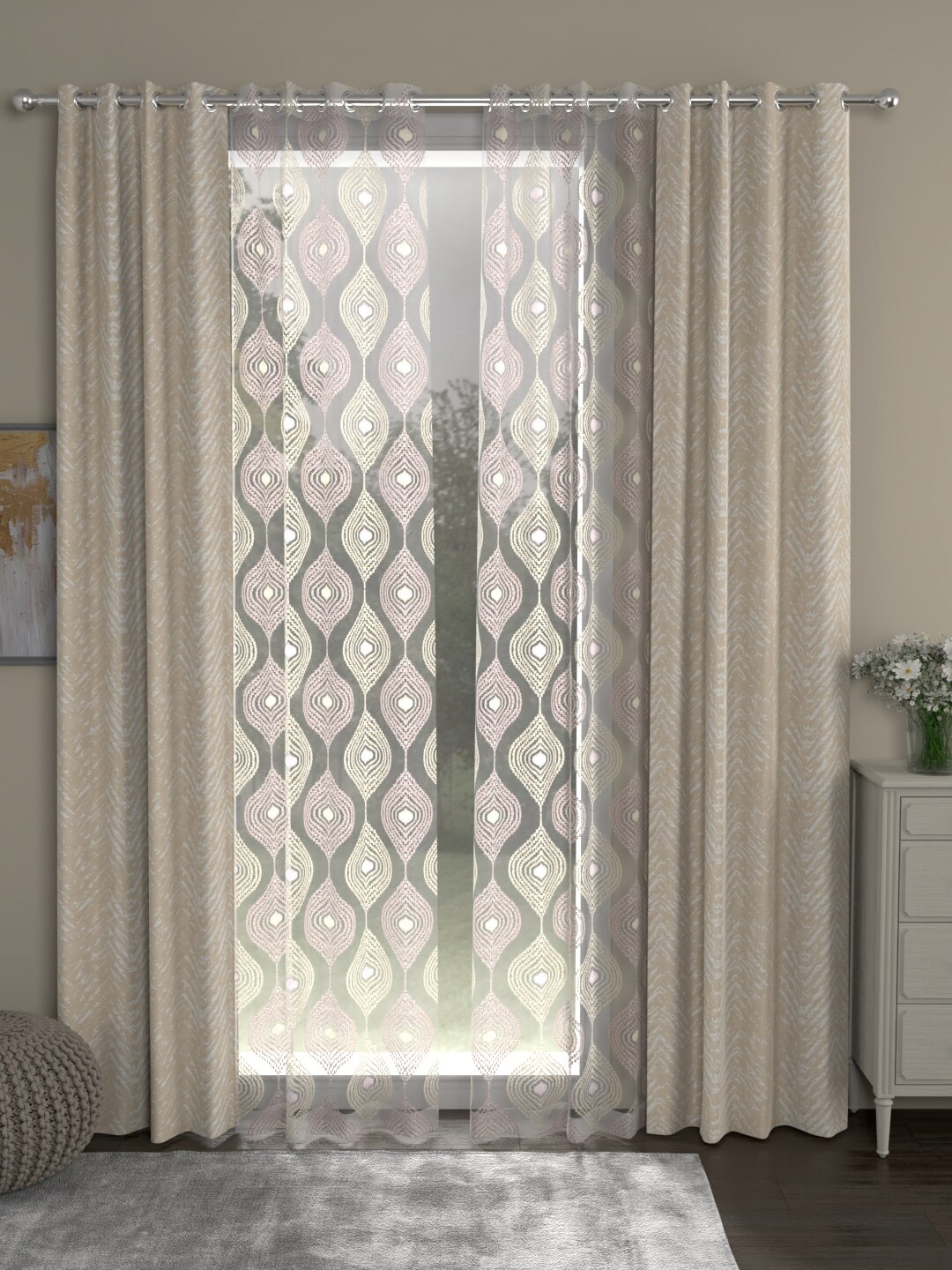 

ROSARA HOME Beige & Transparent Set of 4 Jacquard Sheer & Regular Long Door Curtains