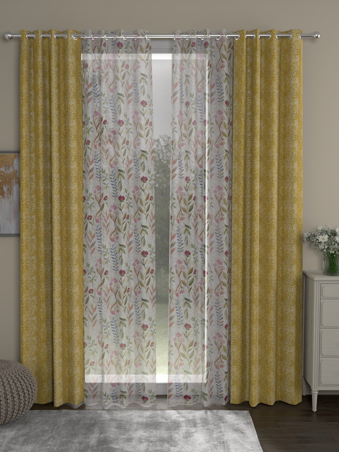 ROSARA HOME Mustard & White Set of 4 Jacquard Floral Door Curtains