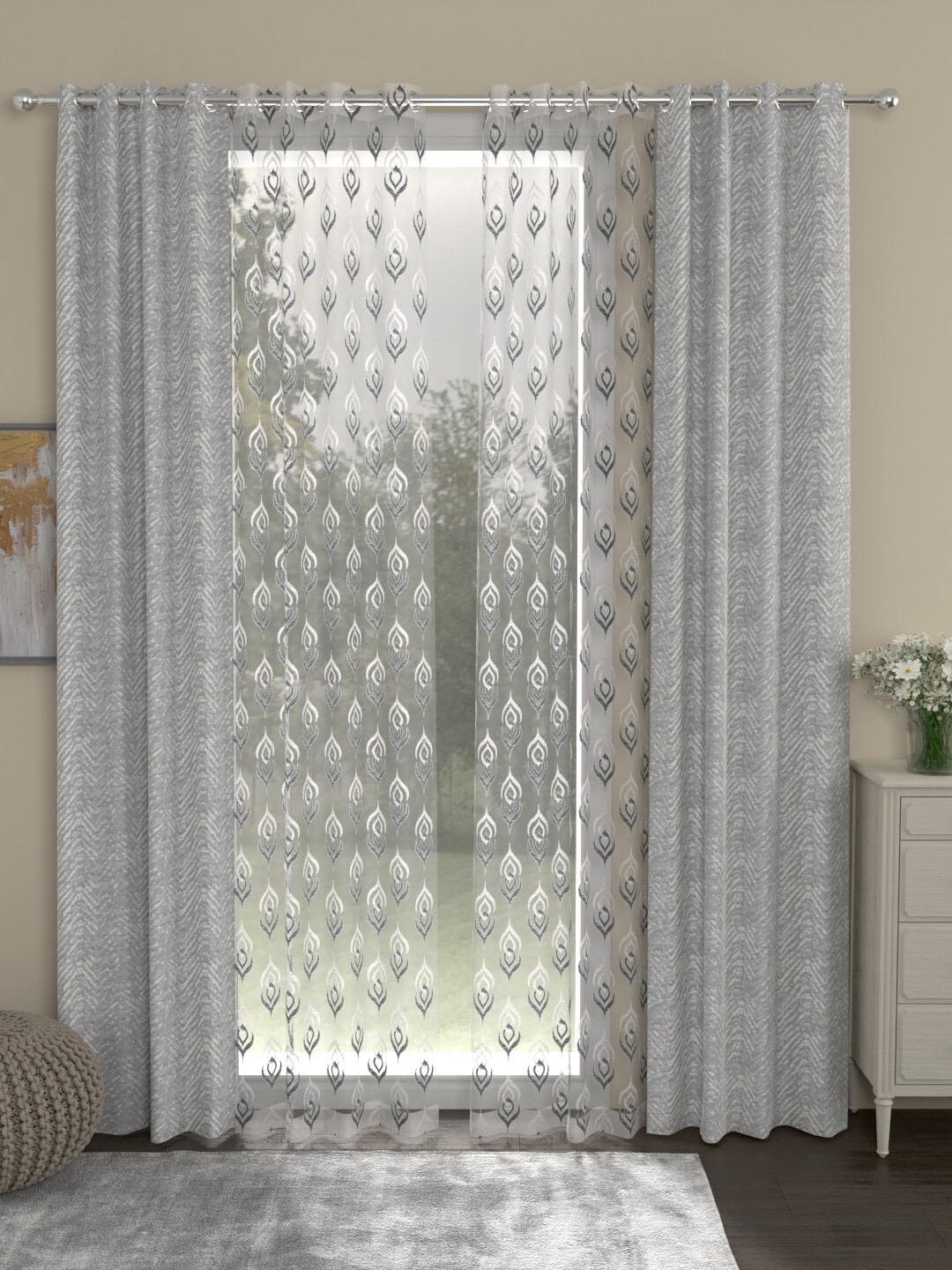 

ROSARA HOME Set of 4 Grey & White Ethnic Motifs Long Door Curtain