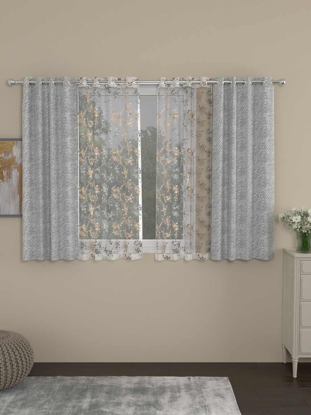 

ROSARA HOME Pack Of 4 Grey Printed Window Curtains