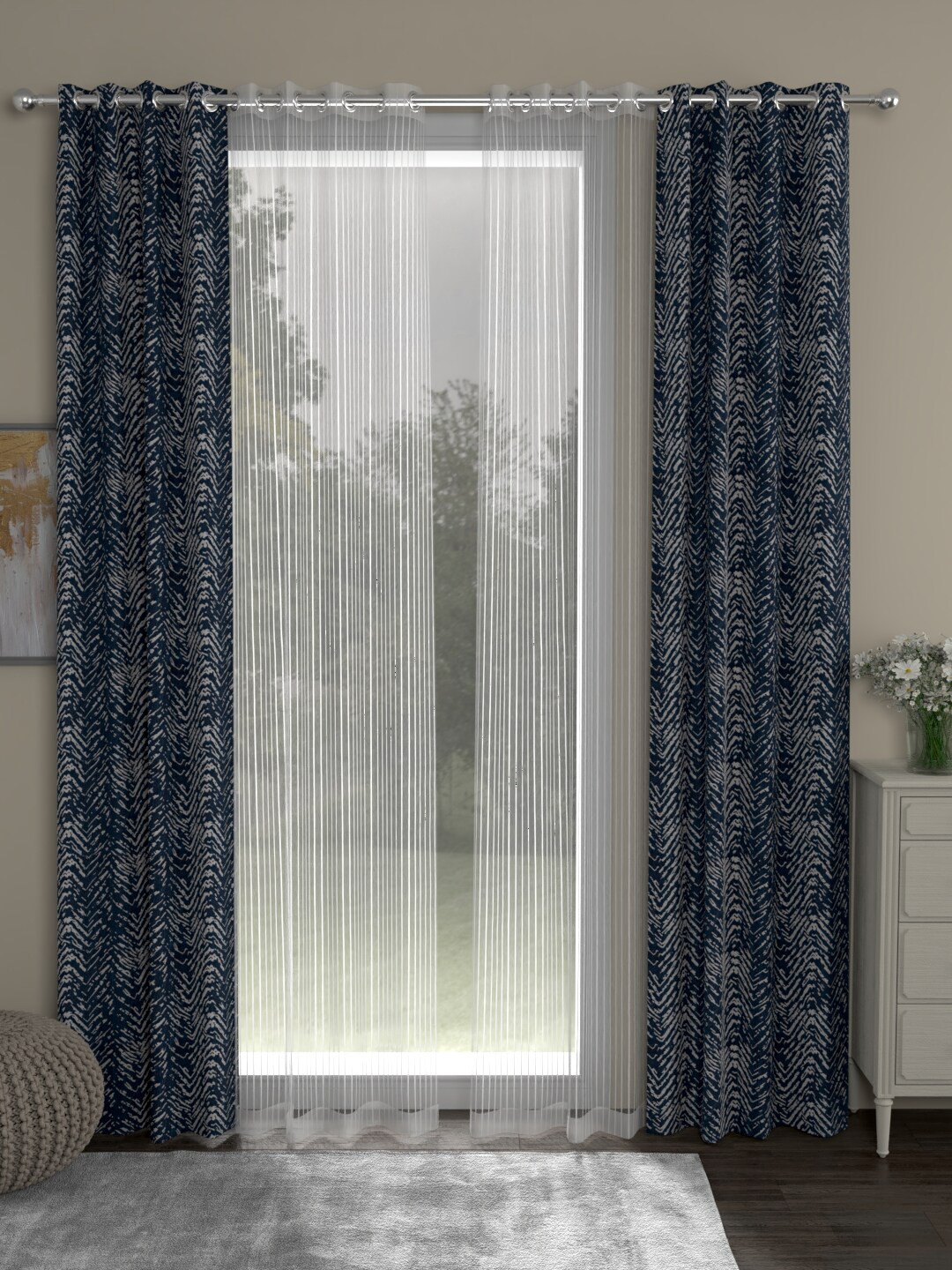 

ROSARA HOME Set of 4 Navy Blue & White Printed Long Door Curtains
