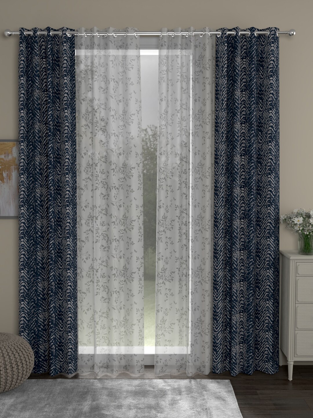 

ROSARA HOME Navy Blue & White Set of 4 Floral Long Door Curtain