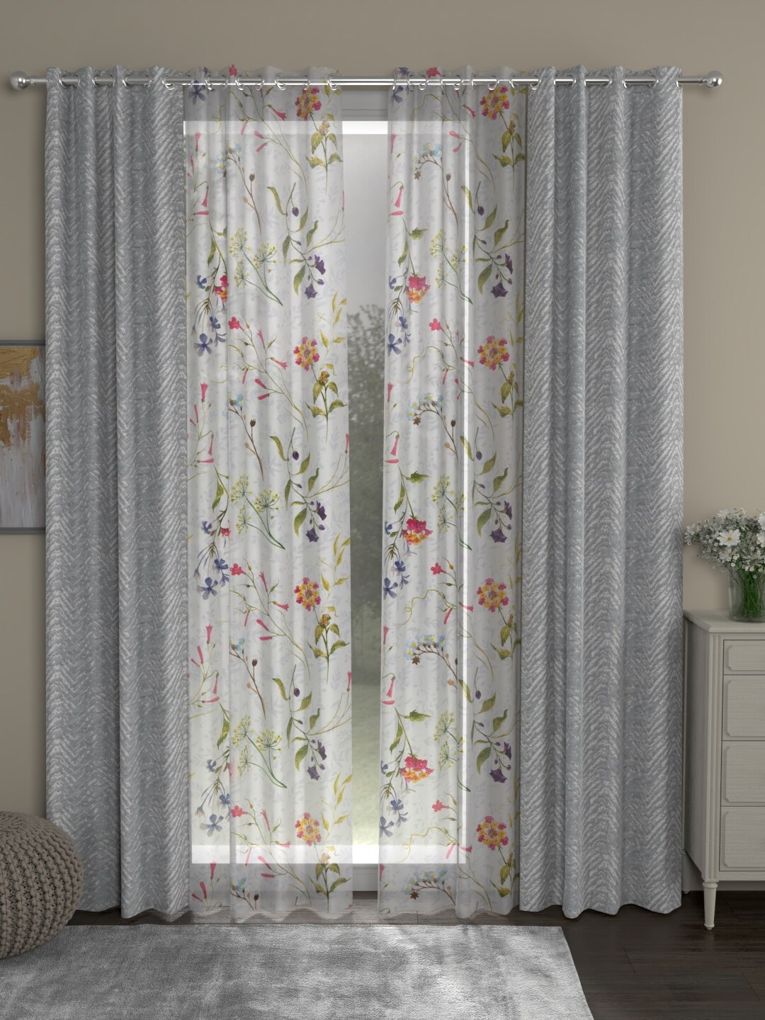 

ROSARA HOME Grey & White Set of 4 Floral Long Door Curtain