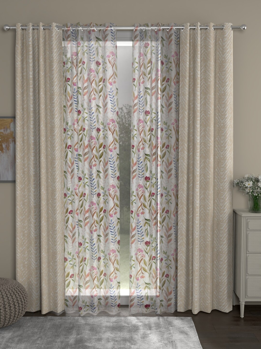 

ROSARA HOME Set Of 4 Beige & Pink Floral Printed Sheer Door Curtain
