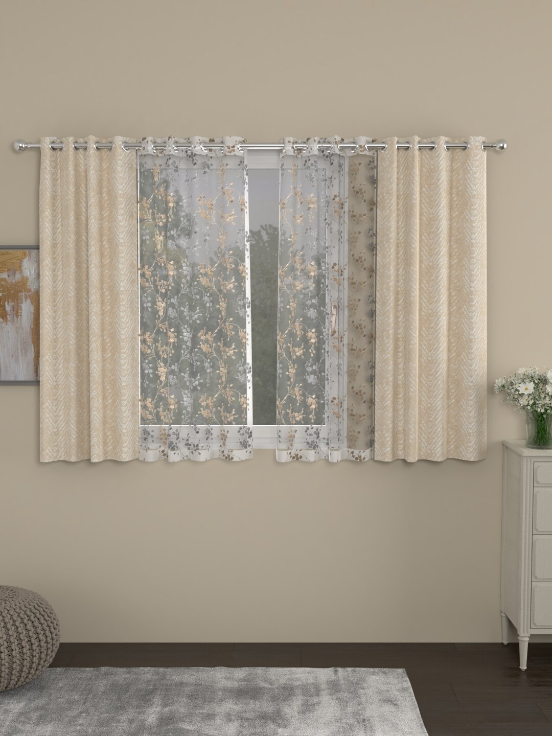 

ROSARA HOME Beige & Grey Set of 4 Embroidered Window Curtain