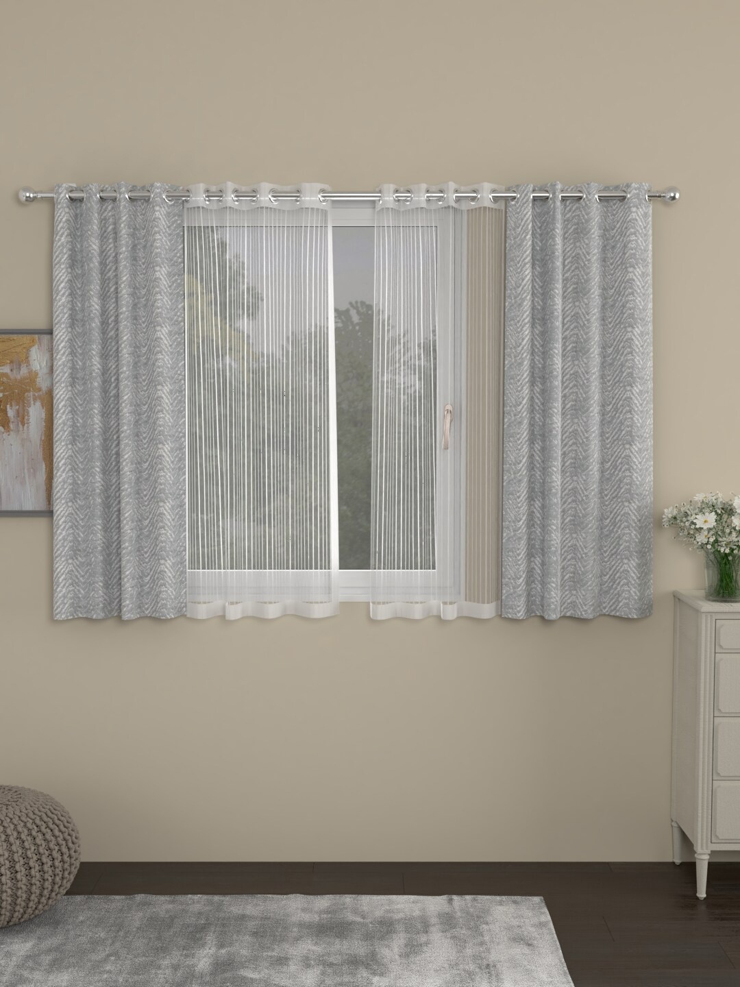 

ROSARA HOME Set of 4 Grey & White Striped Window Curtain