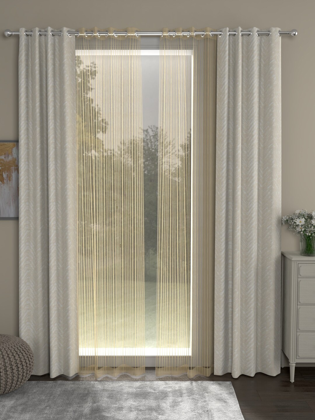 

ROSARA HOME Cream-Coloured & Gold-Toned Set of 4 Jacquard & Striped Door Curtain