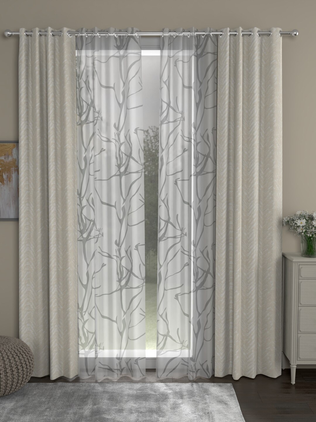 

ROSARA HOME Pack Of 4 Cream-Coloured & White Printed Long Door Curtains