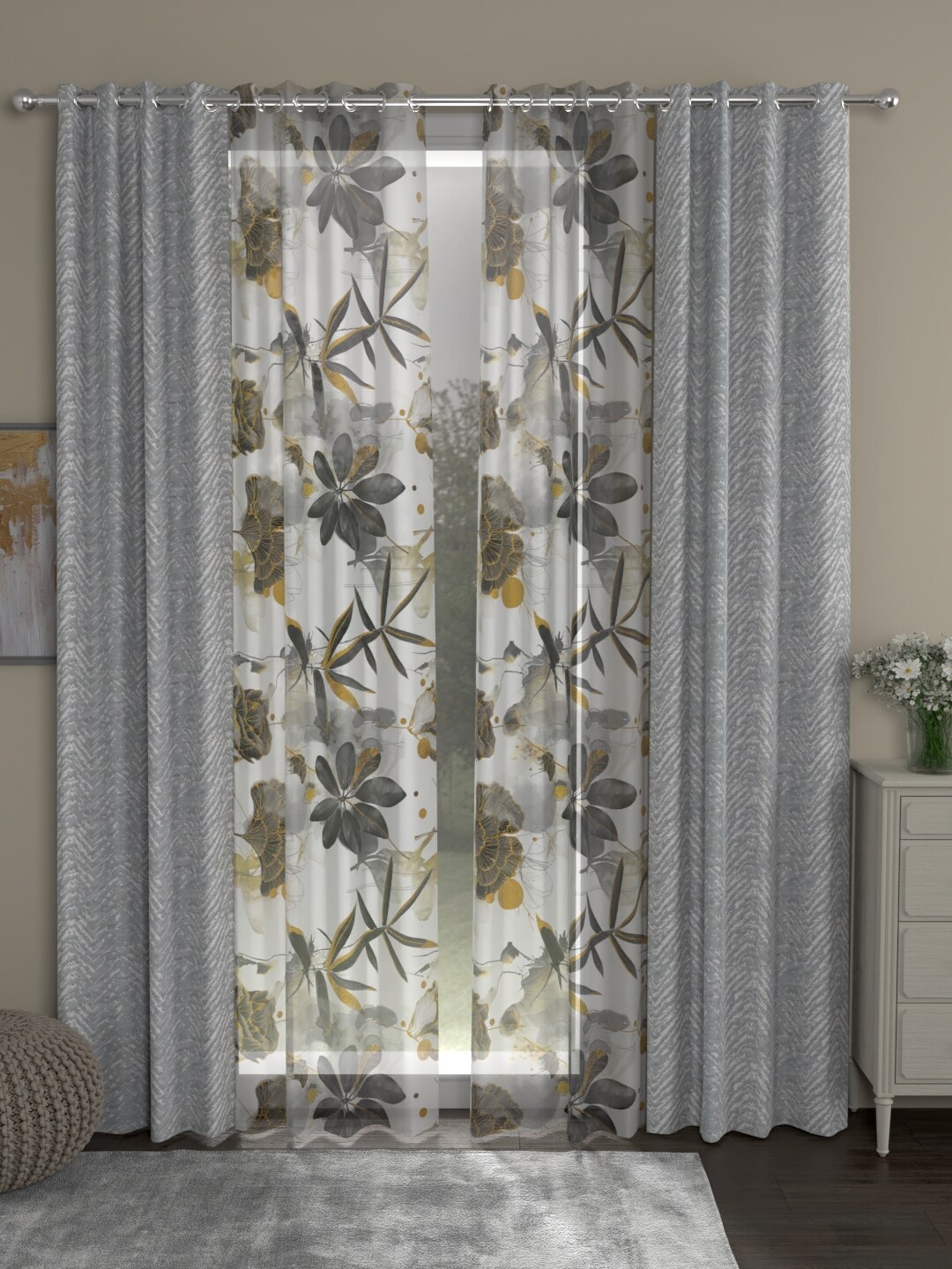 ROSARA HOME Set of 4 Grey & White Floral Printed Long Door Curtains