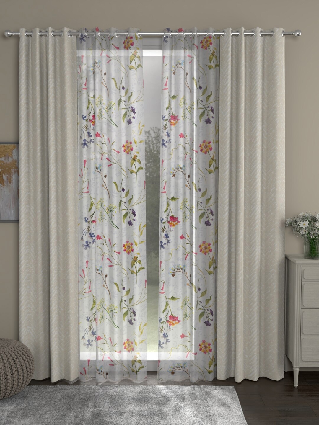 

ROSARA HOME Cream-Coloured & White Set of 4 Floral Regular Long Door Curtain