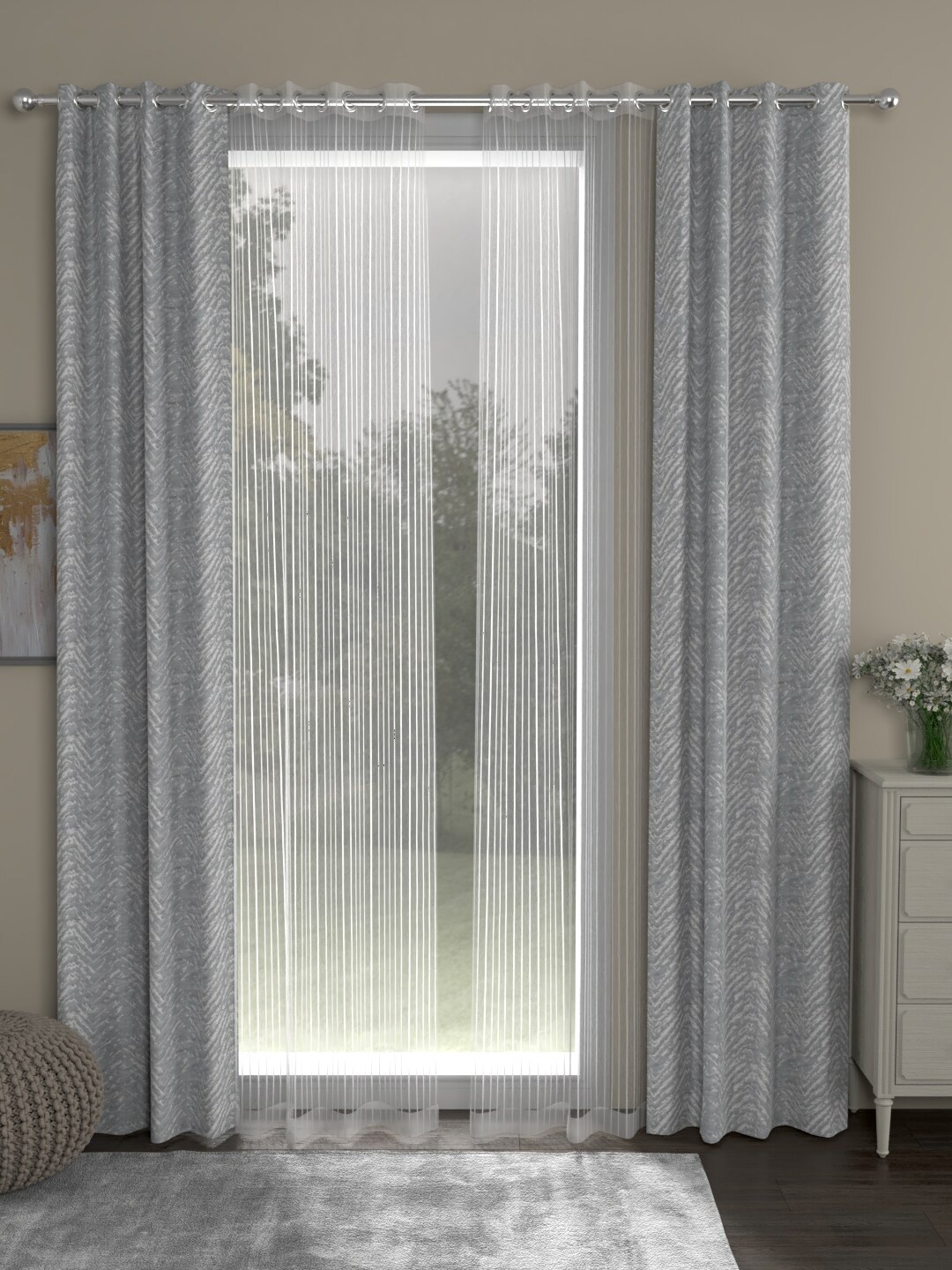 

ROSARA HOME Grey & White Set of 4 Striped Door Curtain