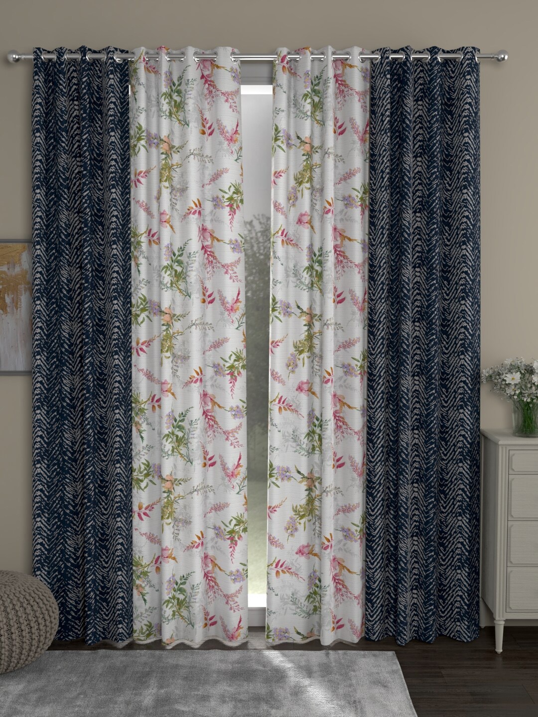 

ROSARA HOME Navy Blue & Pink Set of 4 Floral Long Door Curtain