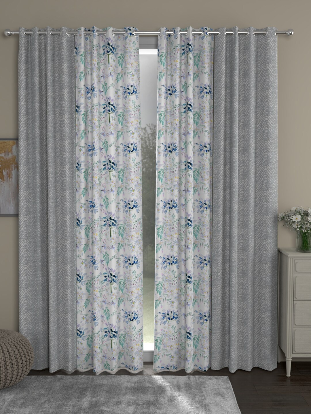 

ROSARA HOME Set Of 4 Grey & Blue Floral Printed Sheer Door Curtain