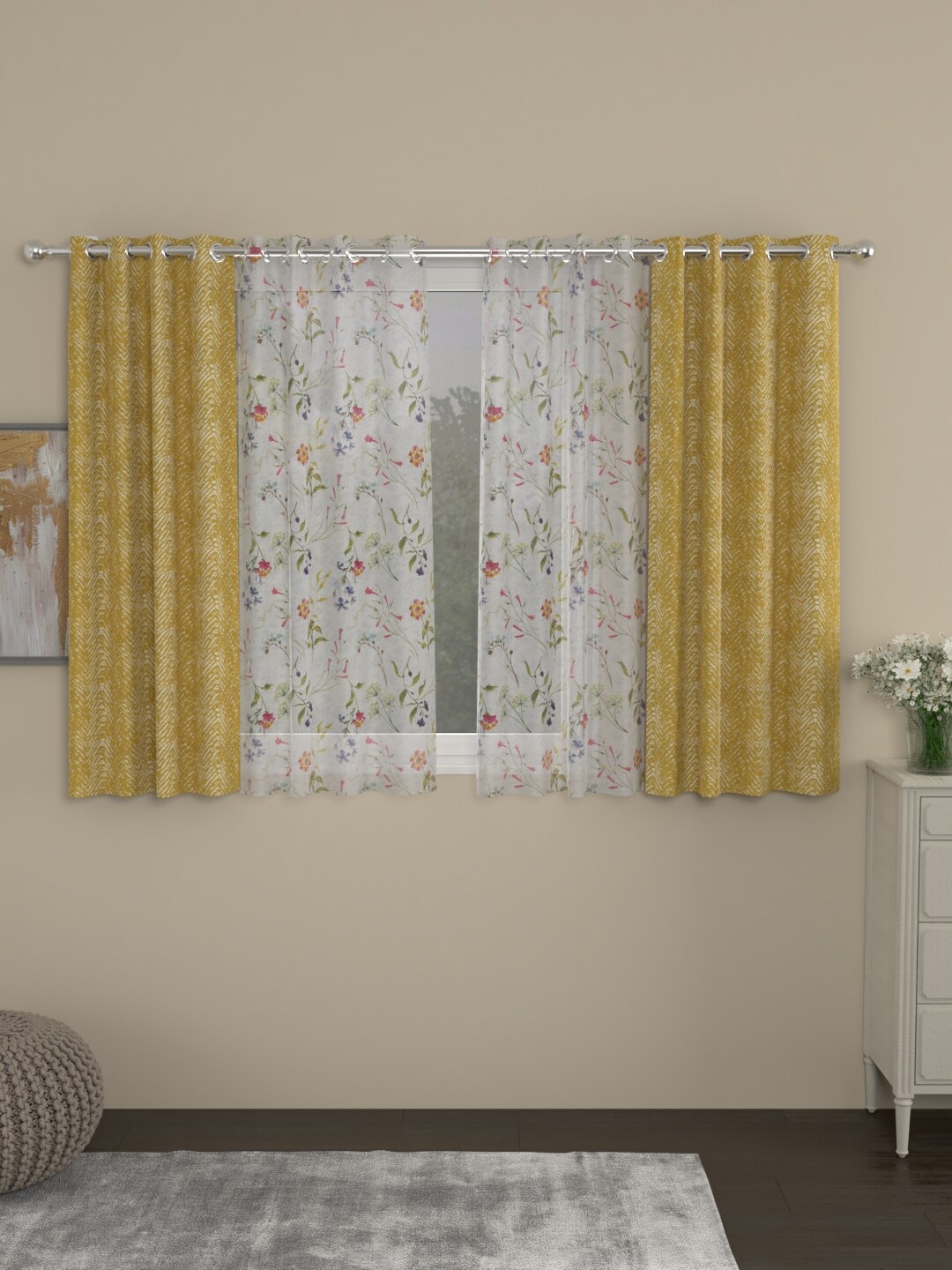 

ROSARA HOME Mustard & White Set of 4 Printed Window Curtain
