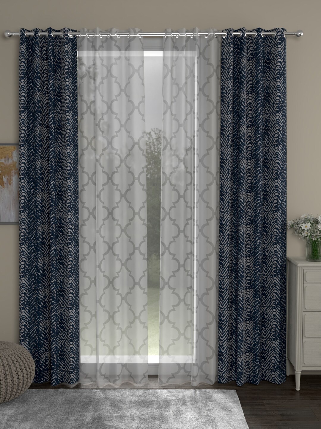 

ROSARA HOME Navy Blue & White Set of 4 Jacquard Geometric Long Door Curtains