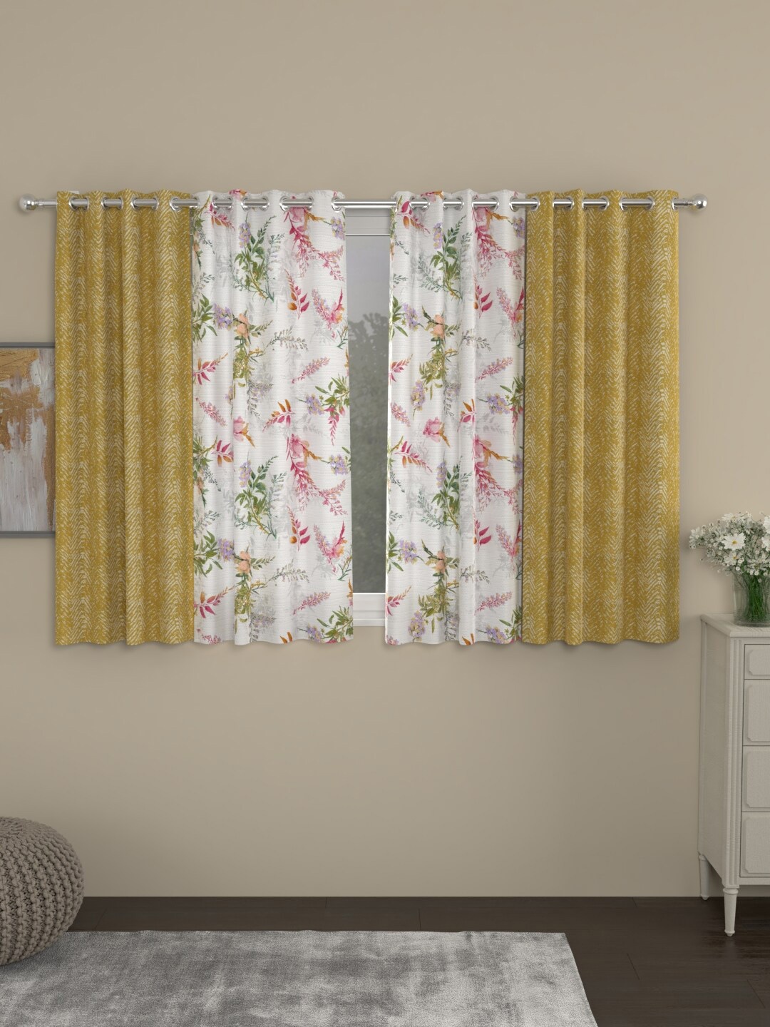 

ROSARA HOME Mustard & White Floral Pack of 4 Regular Window Curtains