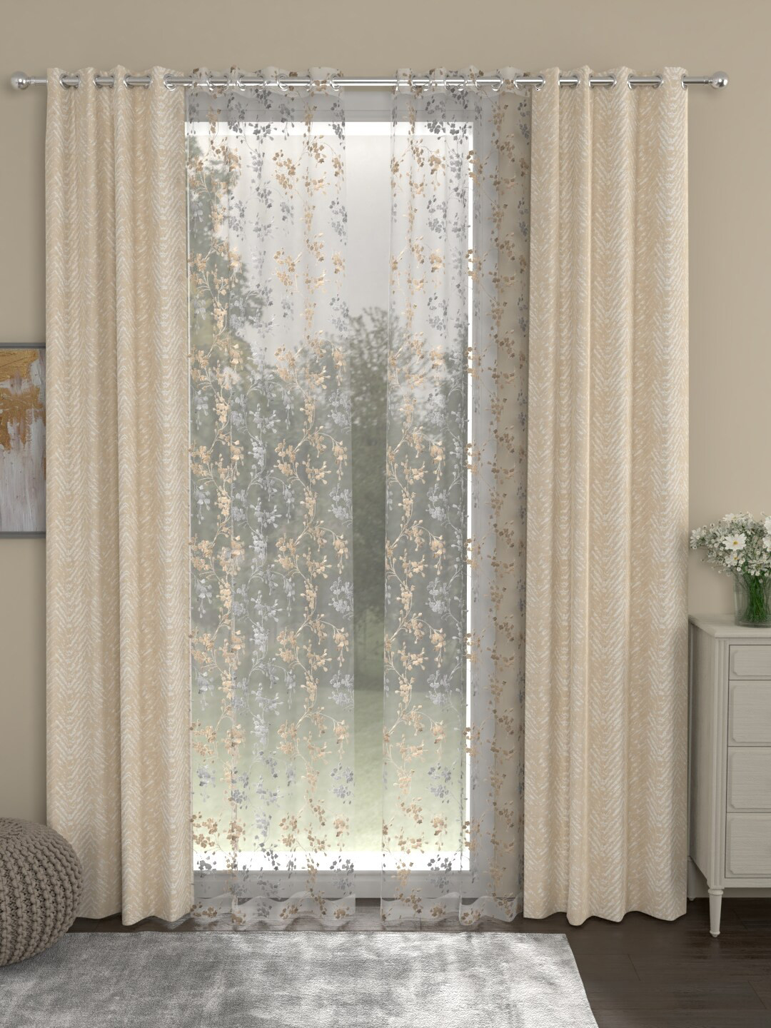 

ROSARA HOME Set of 4 Beige & White Embroidered Door Curtains