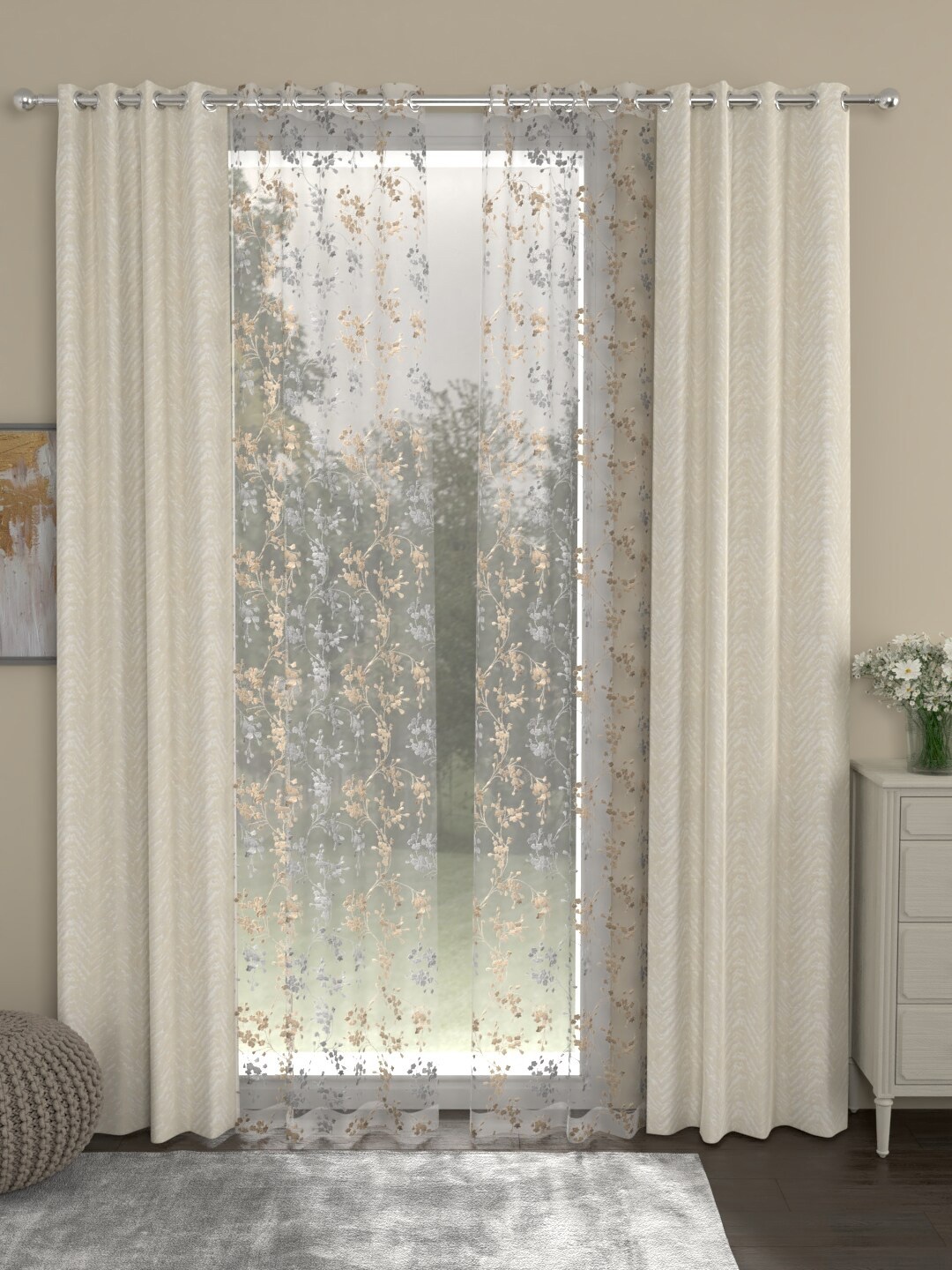 

ROSARA HOME Cream-Coloured & Beige Set of 4 Floral Sheer Long Door Curtain