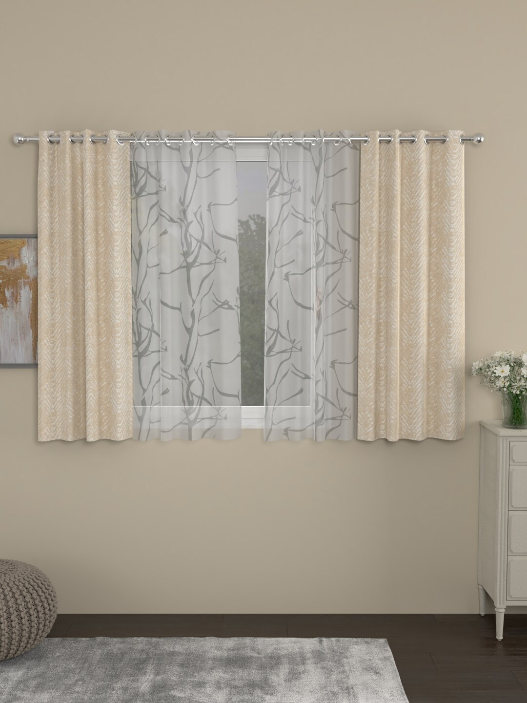 

ROSARA HOME Beige & White Set of 4 Window Curtain