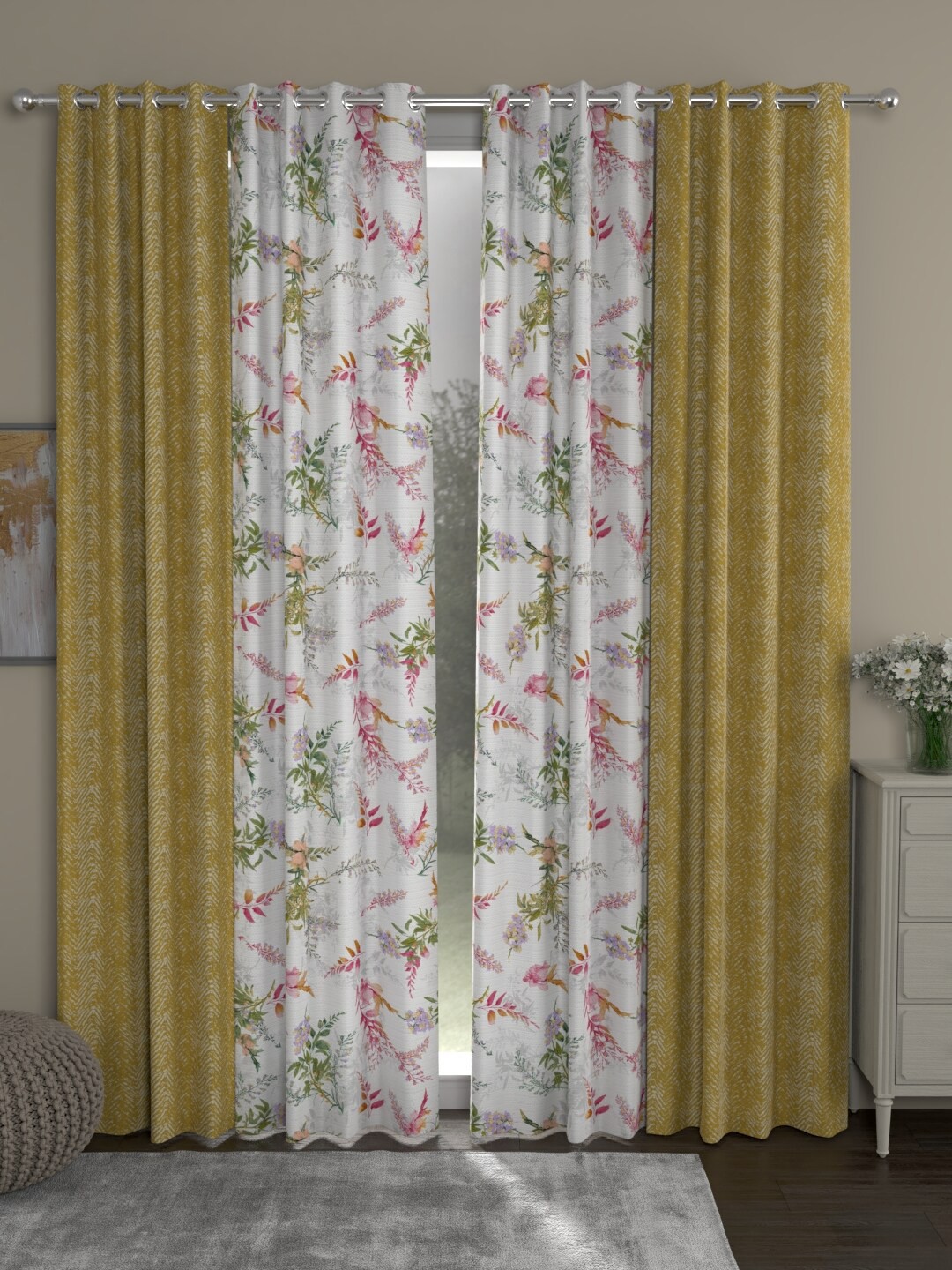 

ROSARA HOME Mustard & Green Set of 4 Floral Printed Door Curtain