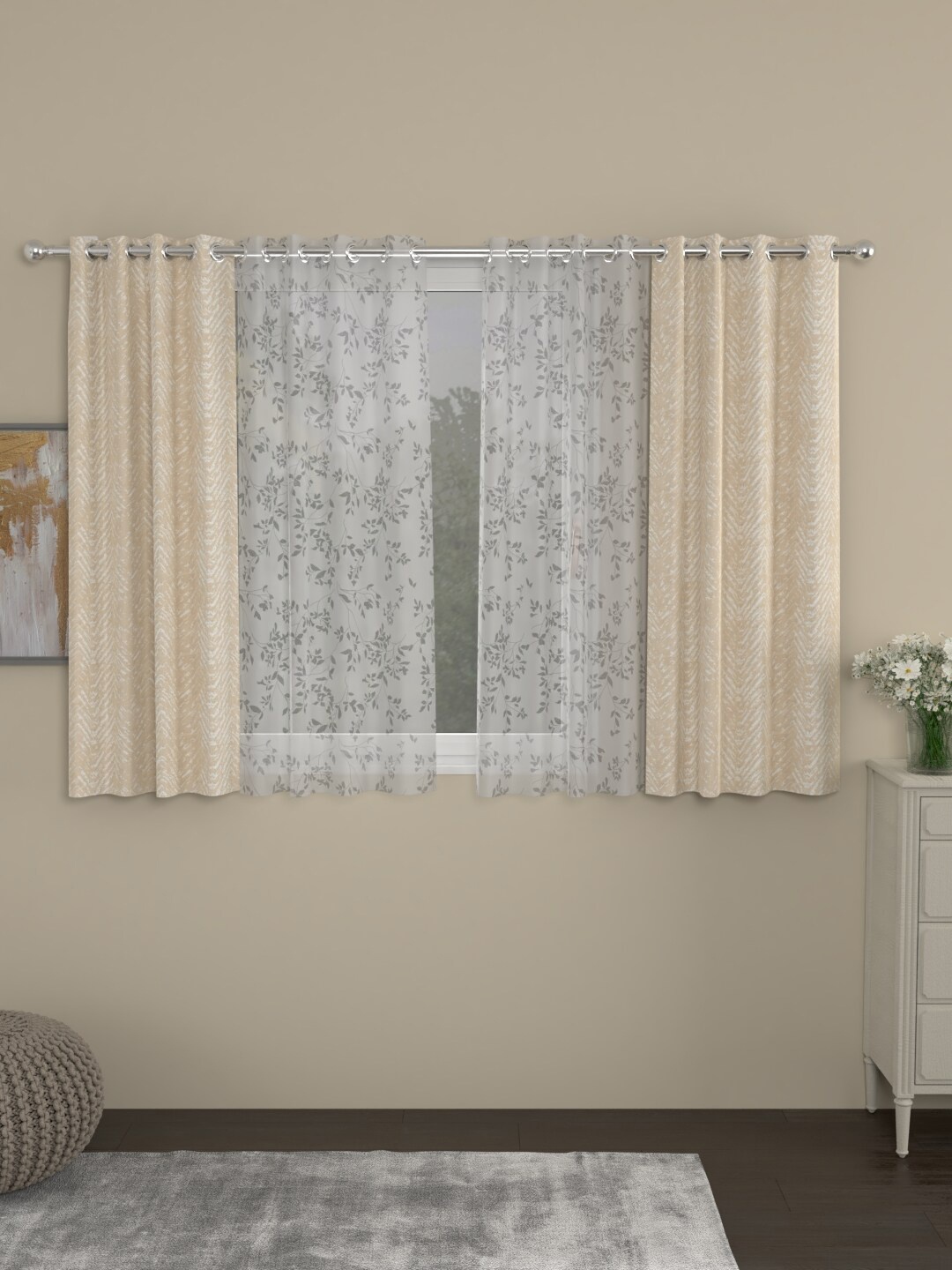 

ROSARA HOME Pack Of 4 Beige & White Printed Window Curtains