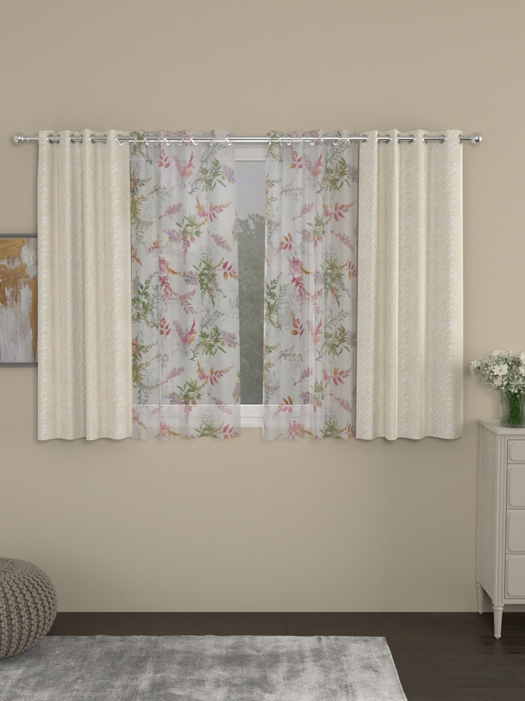 

ROSARA HOME Cream-Coloured & White Floral Pack of 4 Regular Window Curtains