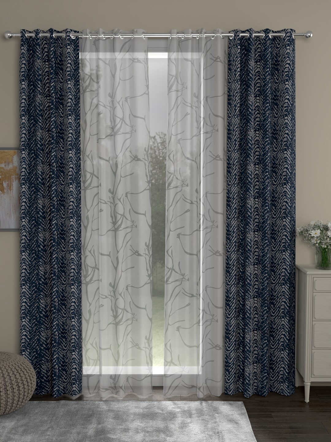 

ROSARA HOME Set of 4 Navy Blue & Transparent Abstract Printed Door Curtains