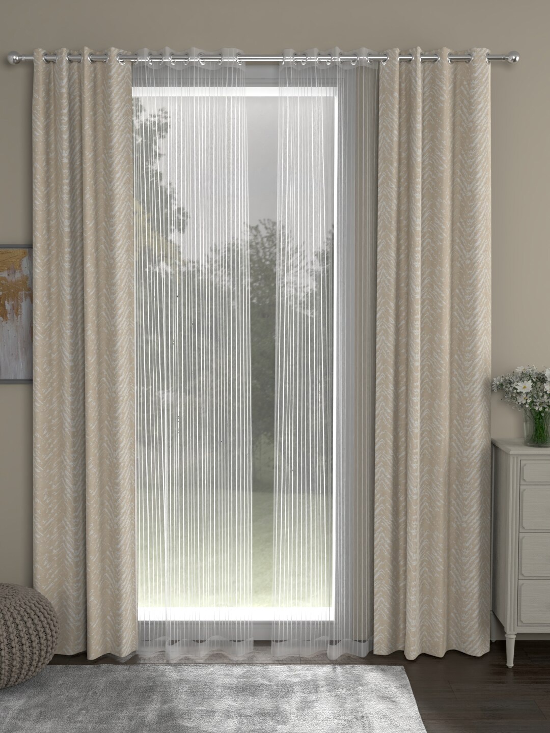 

ROSARA HOME Beige & White Set of 4 Striped Sheer Door Curtain