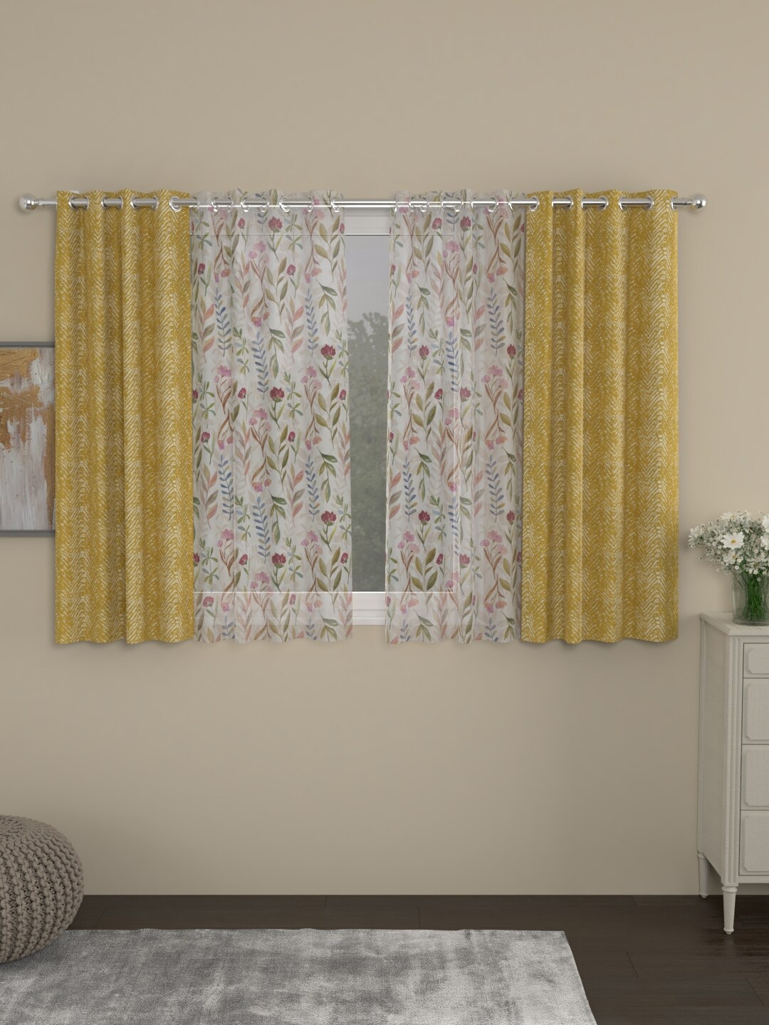 

ROSARA HOME Mustard & White Set of 4 Floral Window Curtain