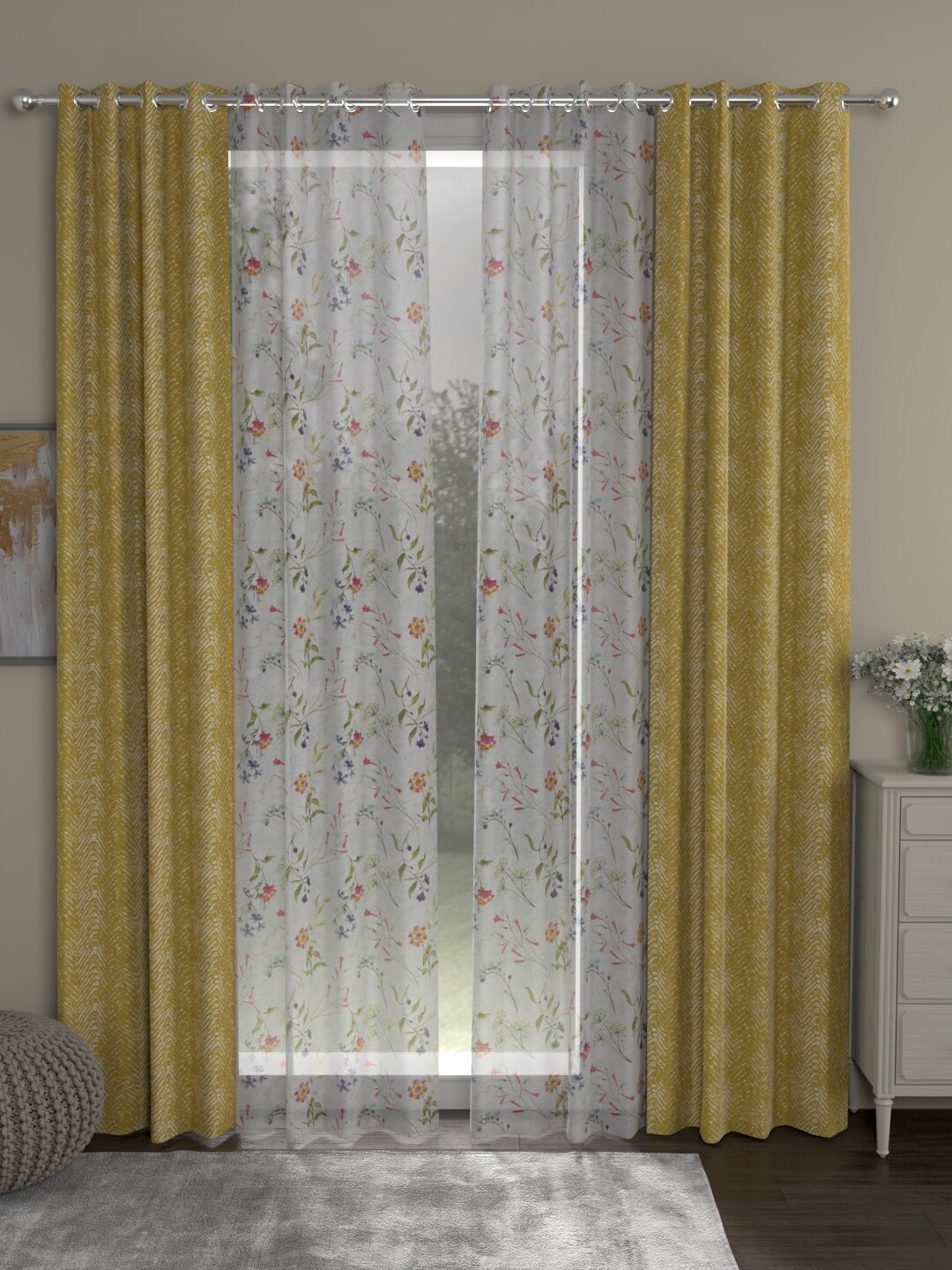 ROSARA HOME Mustard & White Set of 4 Floral Printed Long Door Curtain
