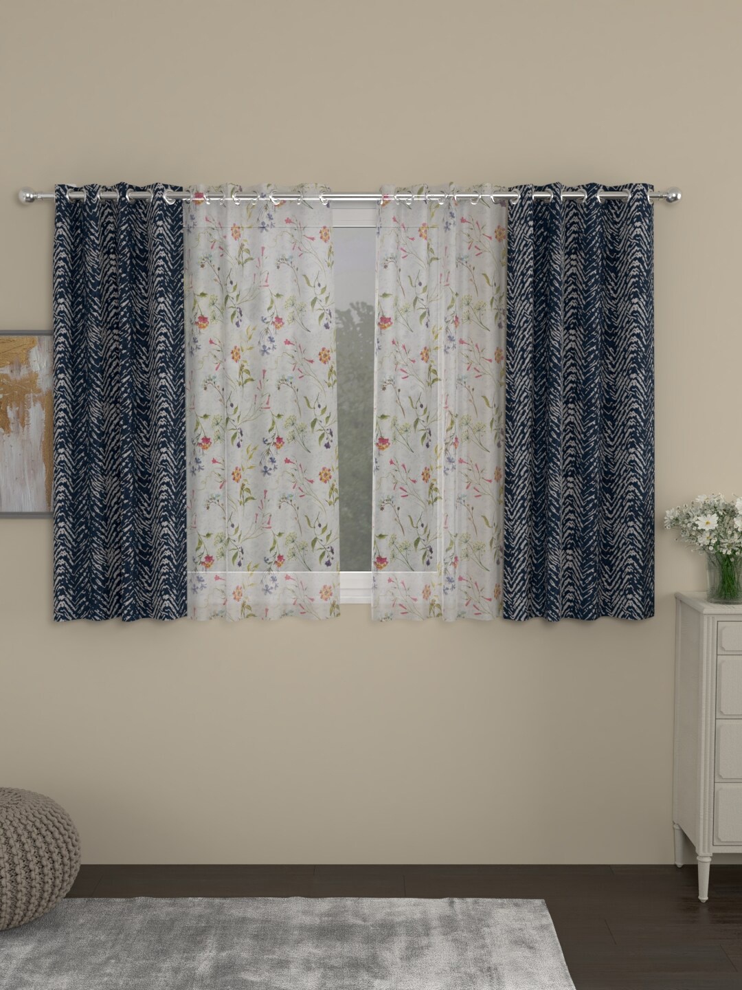 

ROSARA HOME Set Of 4 Navy Blue & White Printed Window Curtain