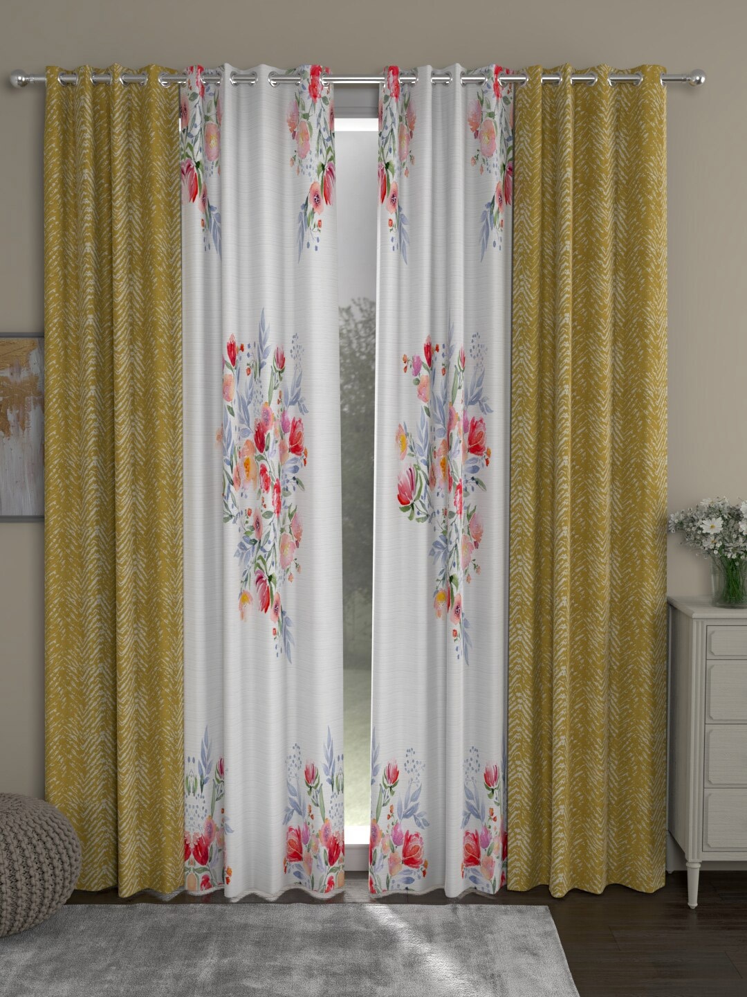 

ROSARA HOME Mustard & White Set of 4 Jacquard & Floral Sheer & Regular Long Door Curtains