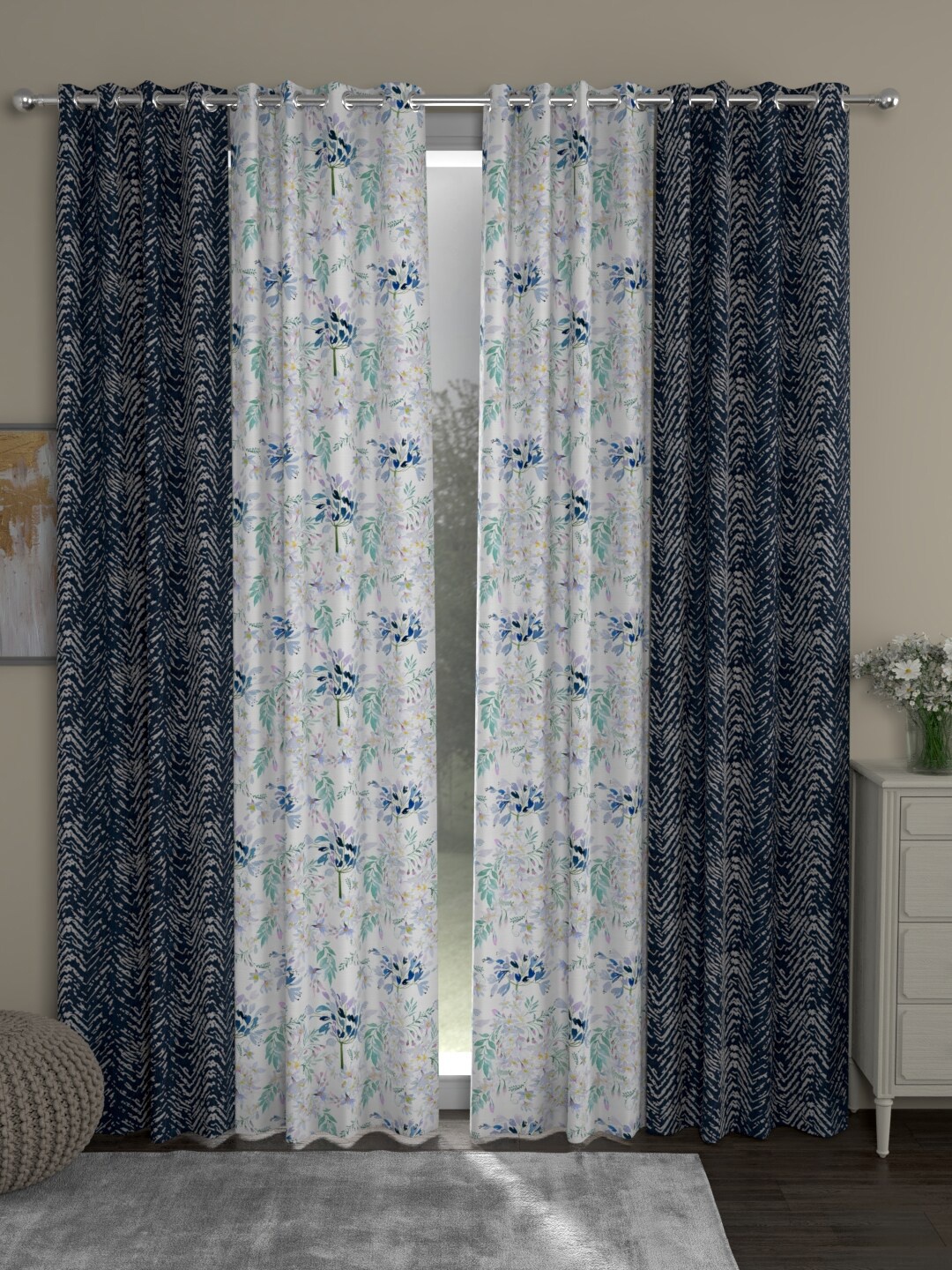 

ROSARA HOME Navy Blue & White Set of 4 Printed Long Door Curtain