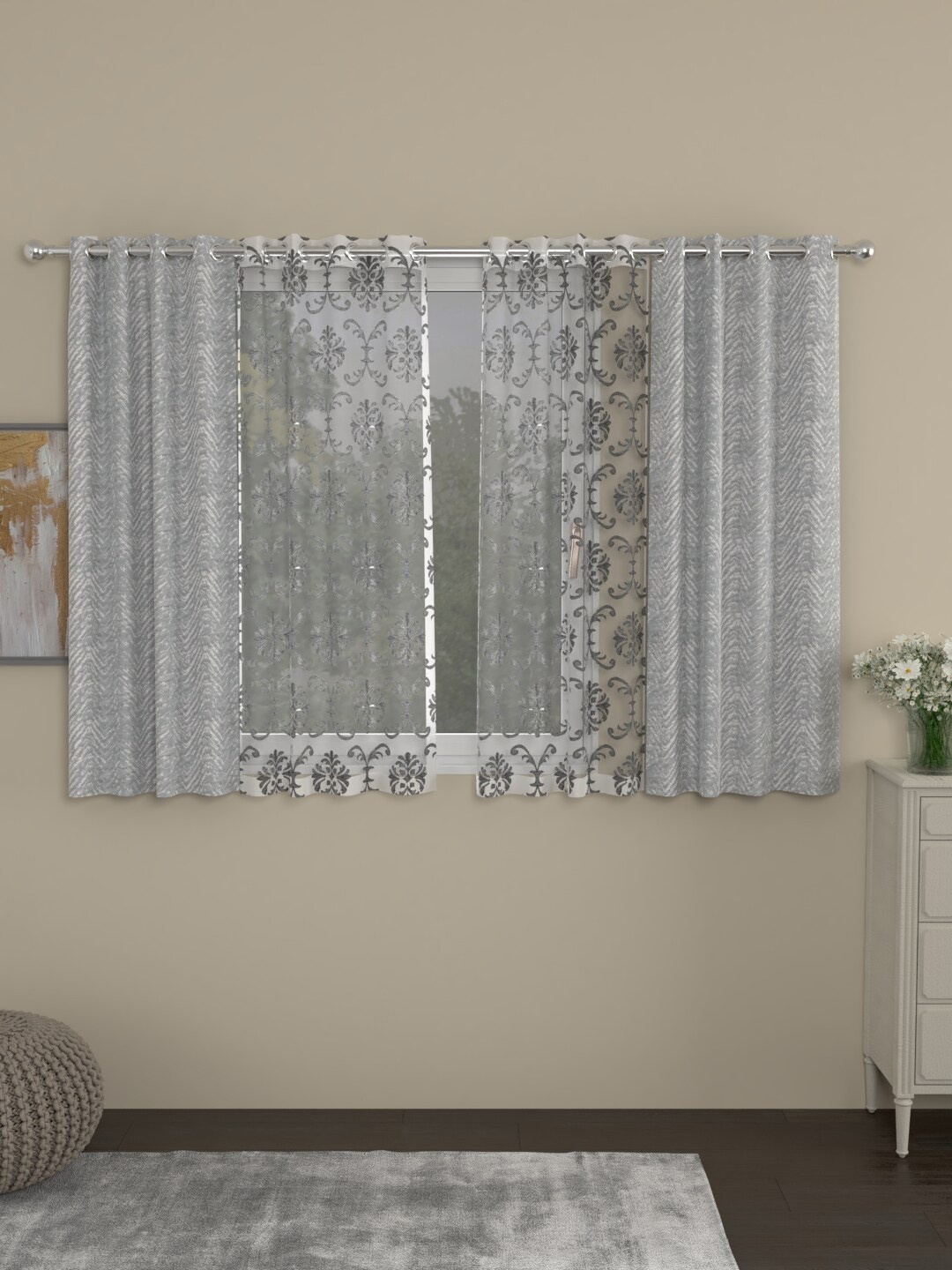 

ROSARA HOME Grey & White Set of 4 Jacquard Embroidered Window Curtains
